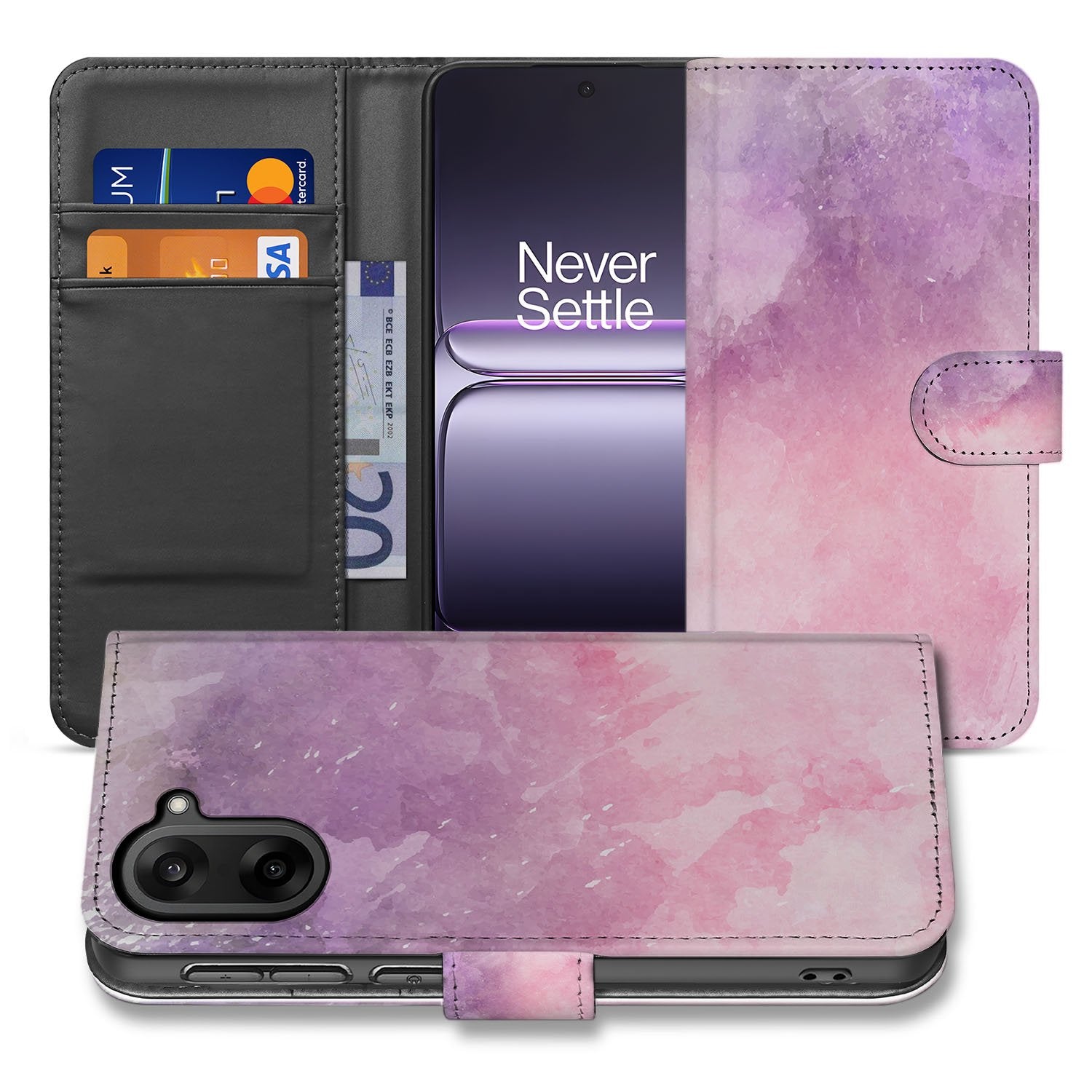 OnePlus Nord CE 5 Bookcase Hoesje Voor OnePlus Nord CE 5 | Roze Paars Waterverf voorkant achterkant