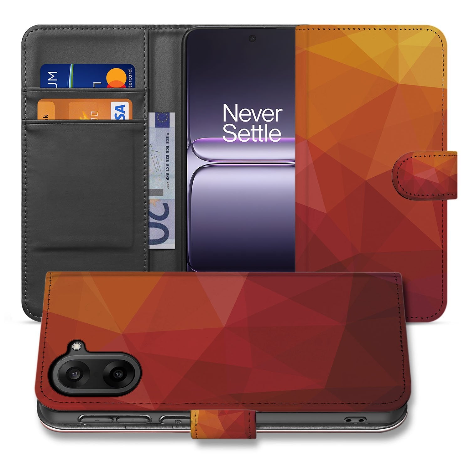 Book Case OnePlus Nord CE 5 | Polygon Rood geometrisch design voorkant en achterkant