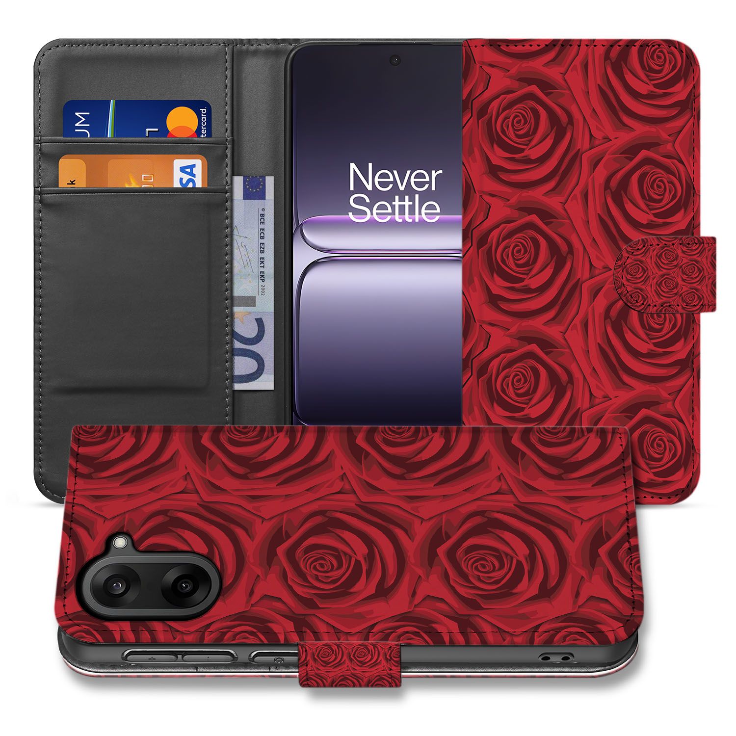 Bookcase Hoesje OnePlus Nord CE 5 | Red Roses bloemenprint voorkant en binnenkant