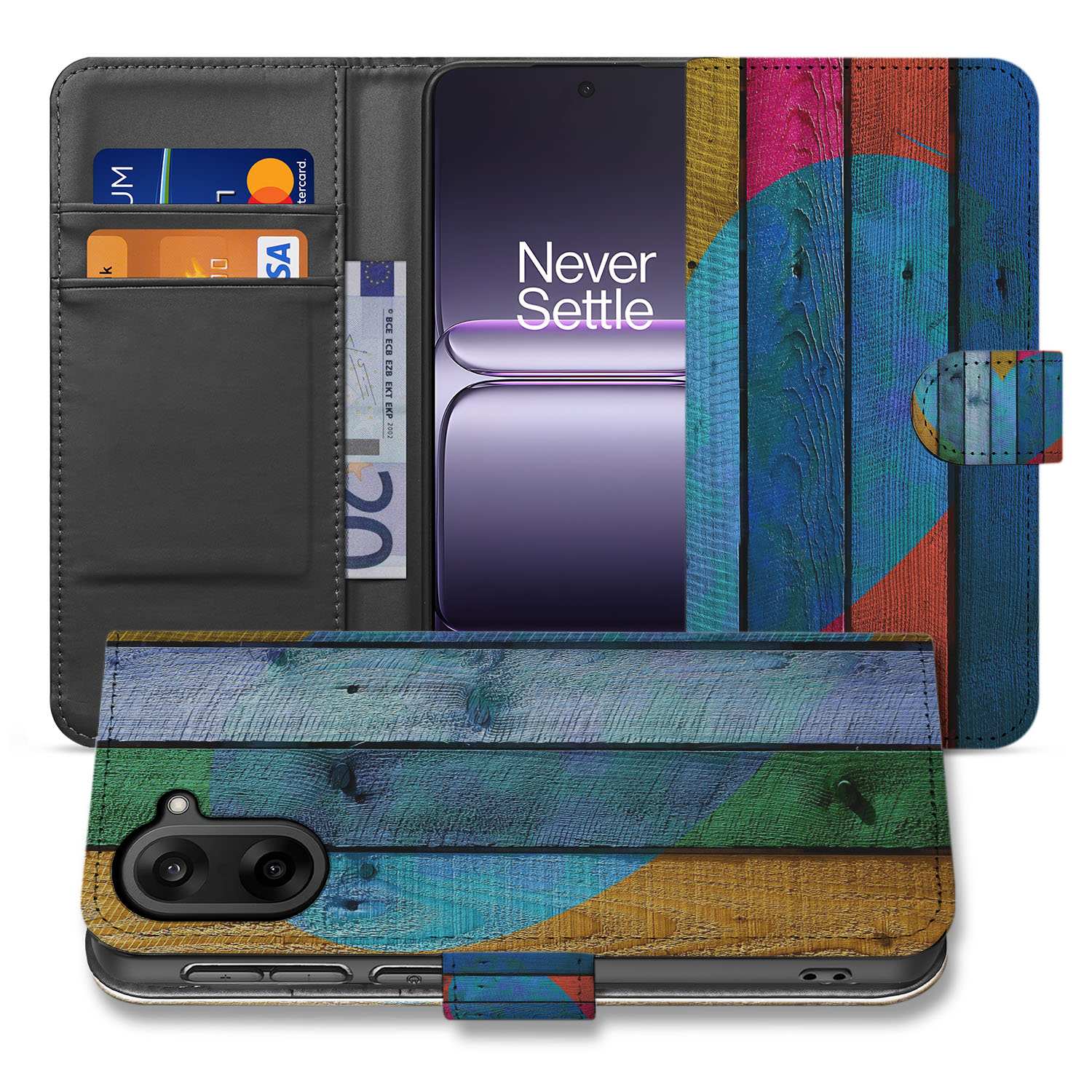 OnePlus Nord CE 5 Bookcase Hoesje Wood Heart Met Pasjes Bruin voorkant design verliefd hart