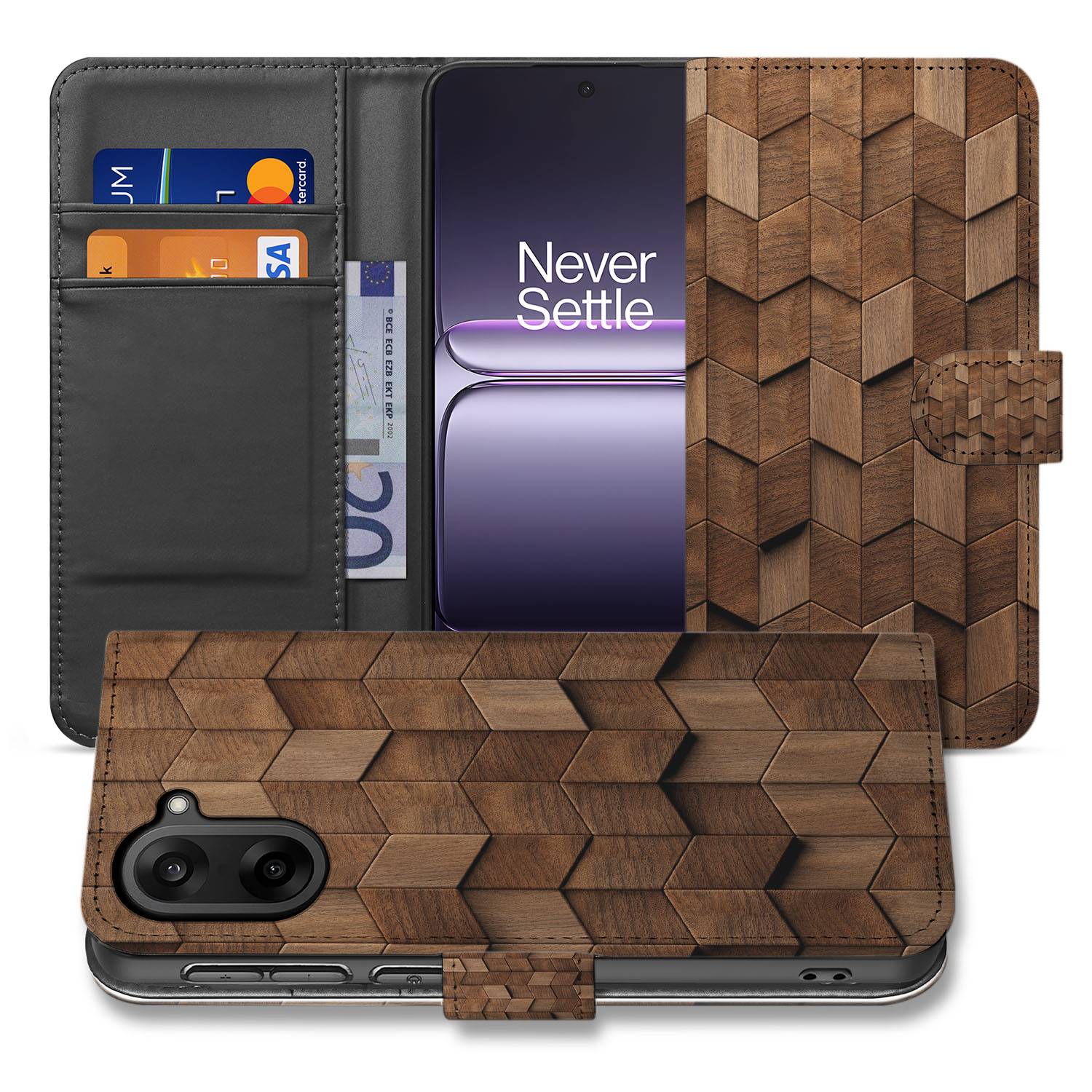 OnePlus Nord CE 5 Kubusprint Hoesje Voor OnePlus Nord CE 5 Book Case bruin houtprint aanzicht