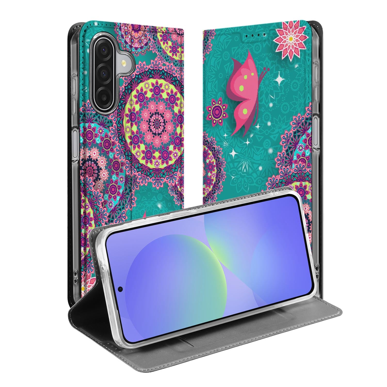 Samsung Galaxy A17 Stand Case Hoesje Cirkels en Vlinders voorkant achterkant