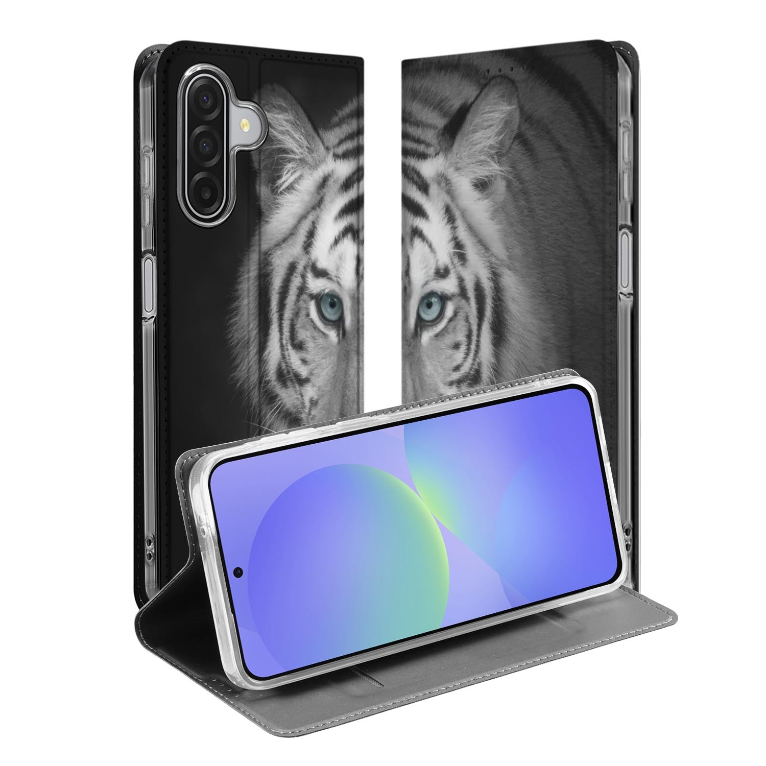 Samsung Galaxy A17 Book Case Tijger voorkant en achterkant met witte tijgerprint en ingeschoven smartphone
