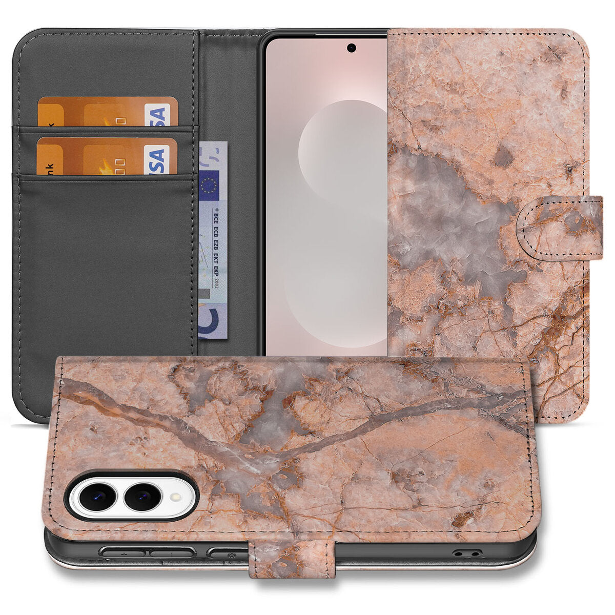 Samsung Galaxy S25 Edge Bookcase Marmer Oranje telefoon hoesje met oranje marmerdesign en magnetische sluiting.