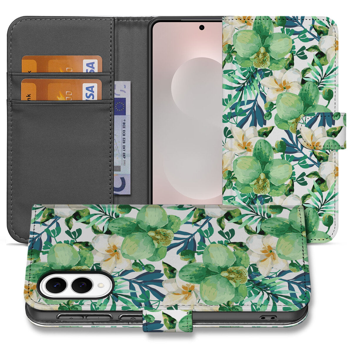 Samsung Galaxy S25 Edge Hoesje Orchidee Groen met pasjessleuven en bloemenprint op een telefocas