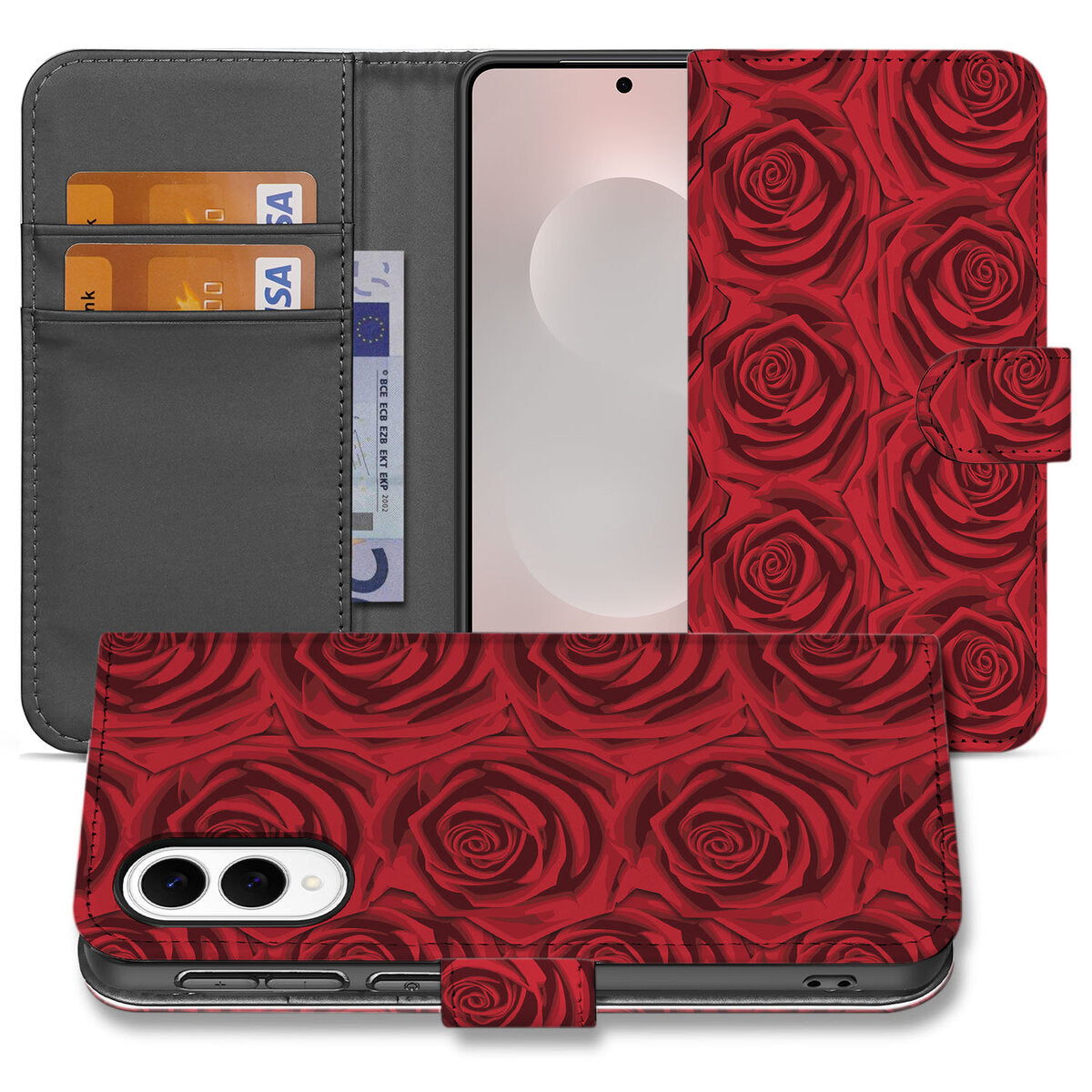 Samsung Galaxy S25 Edge Hoesje Red Roses met luxe rozenontwerp en handige vakken voor kaarten.