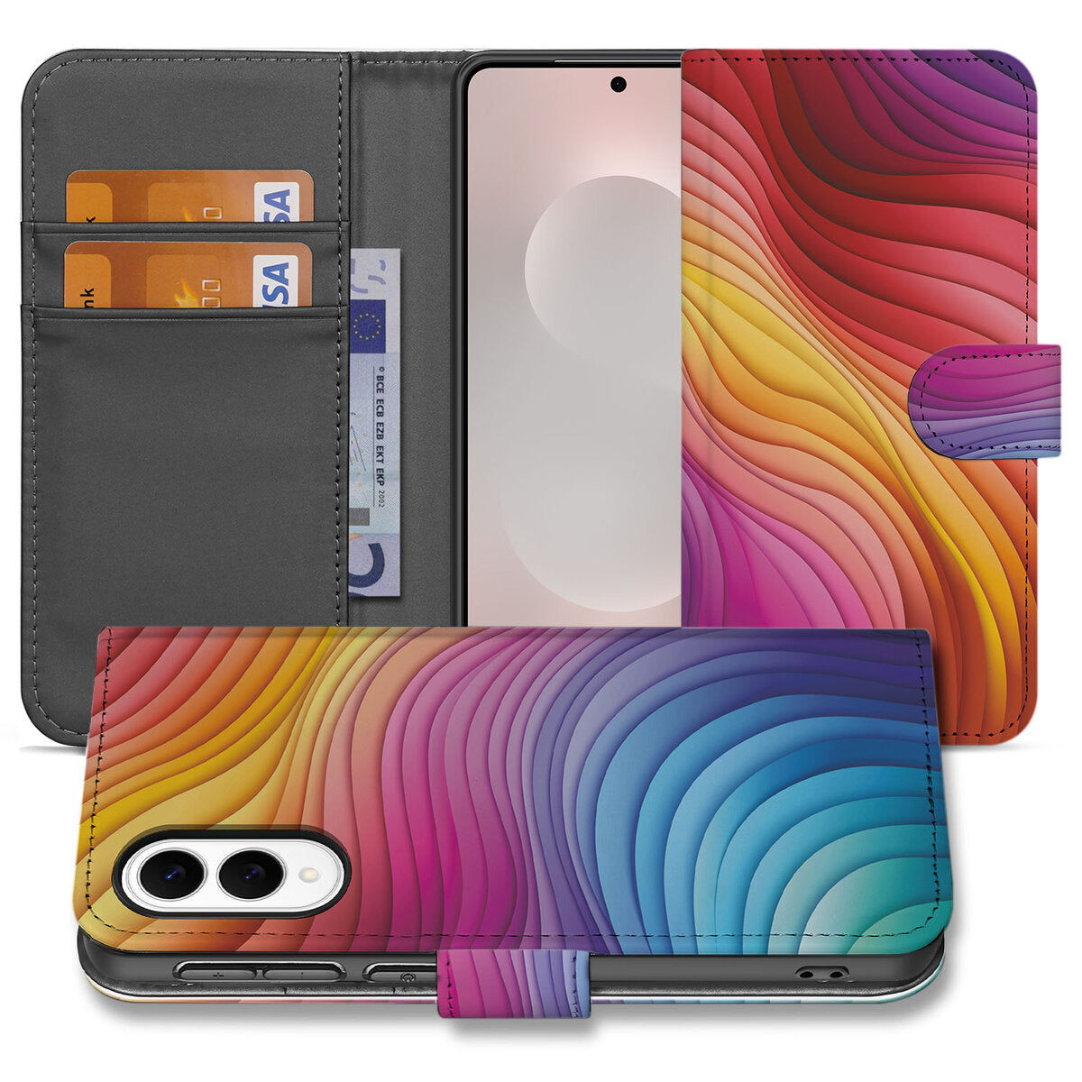 Book Case voor Samsung Galaxy S25 Edge Regenboog met kleurrijk design en pasjessleuven voor bescherming en stijl.