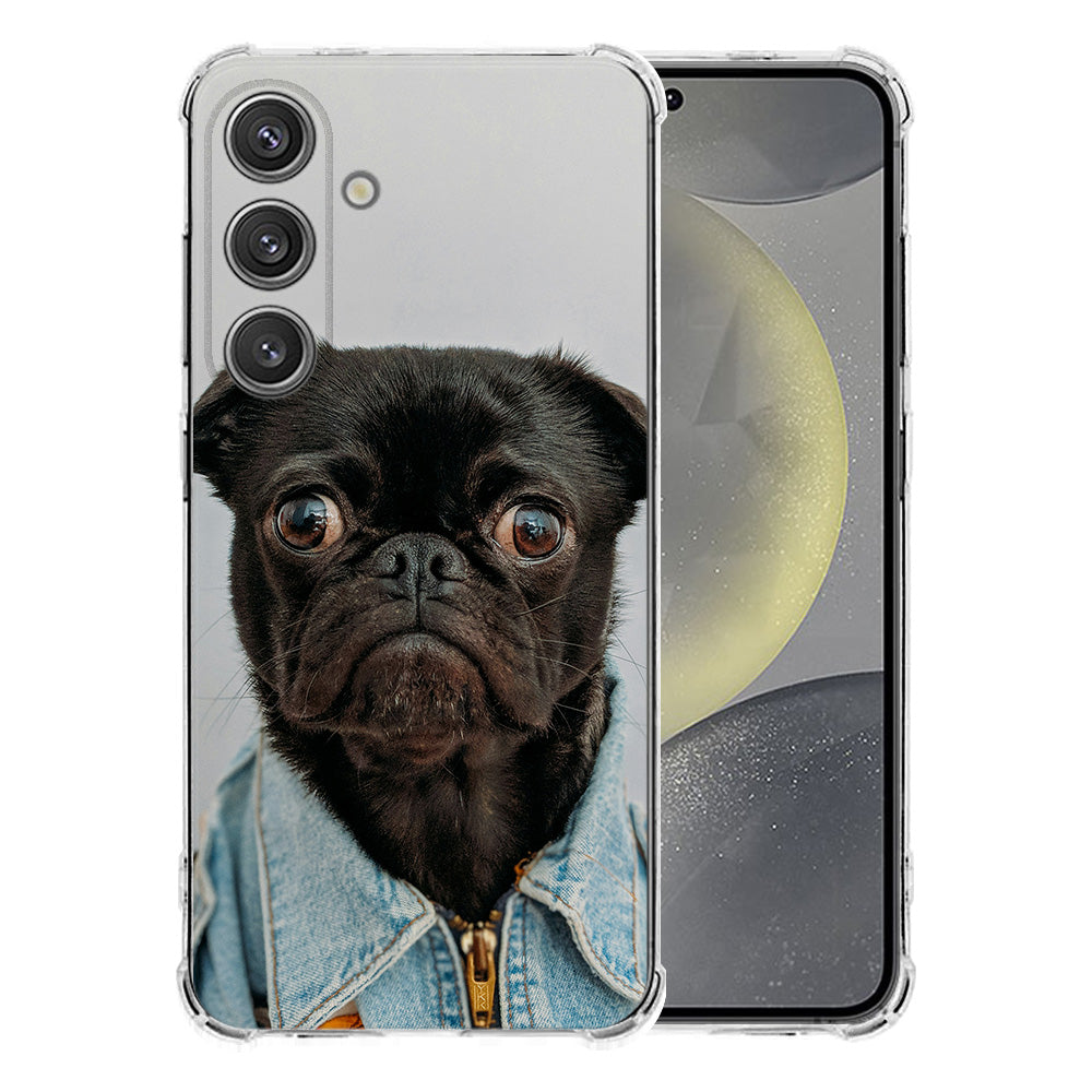 Custom Telefoonhoesje Samsung Galaxy S25 Plus – Anti-Shock Back Cover met schattige hond in denim jas