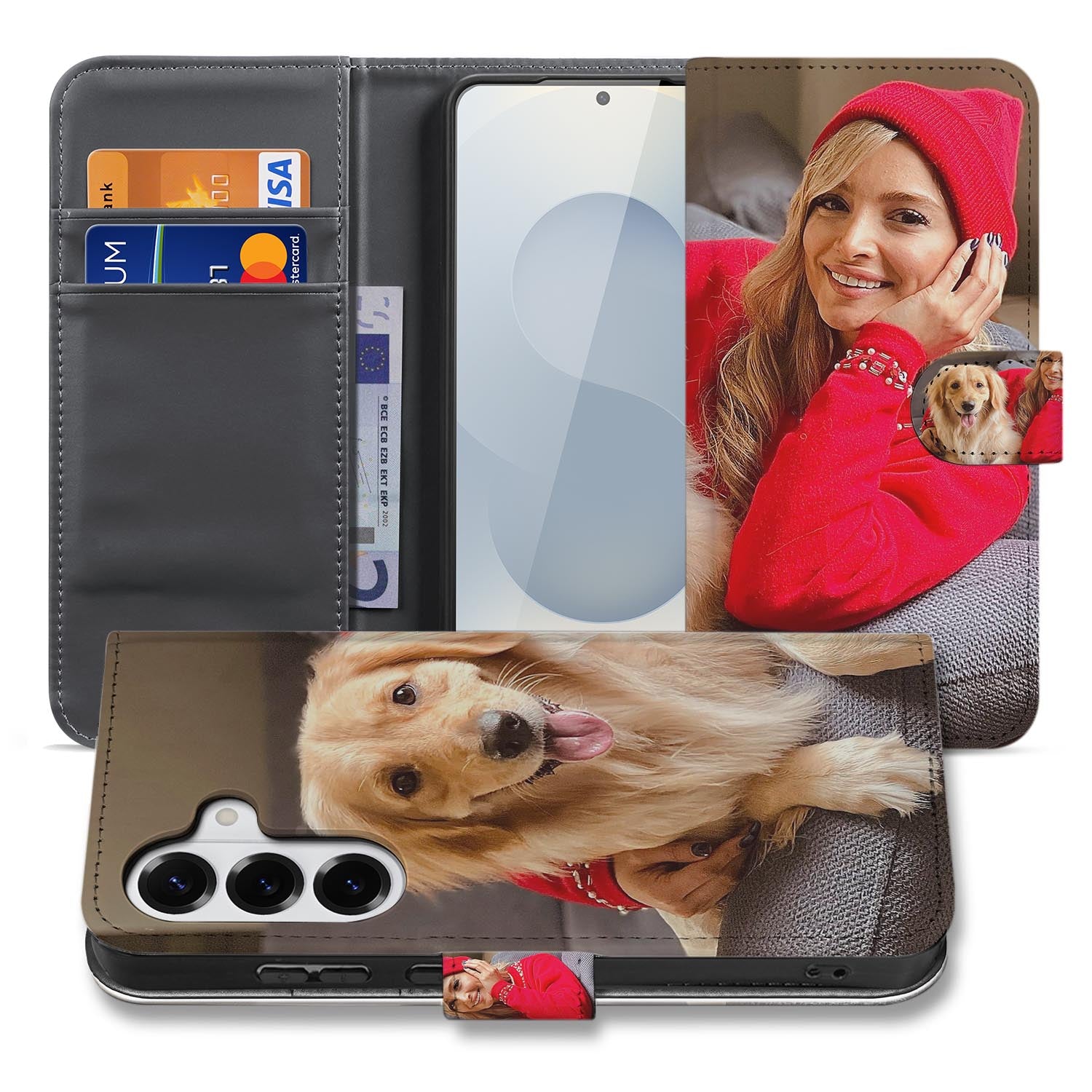 Samsung Galaxy S26 Plus Bookcase Hoesje Maken met Foto Naadloos Design Aanzicht van hoesje met foto van een hond.