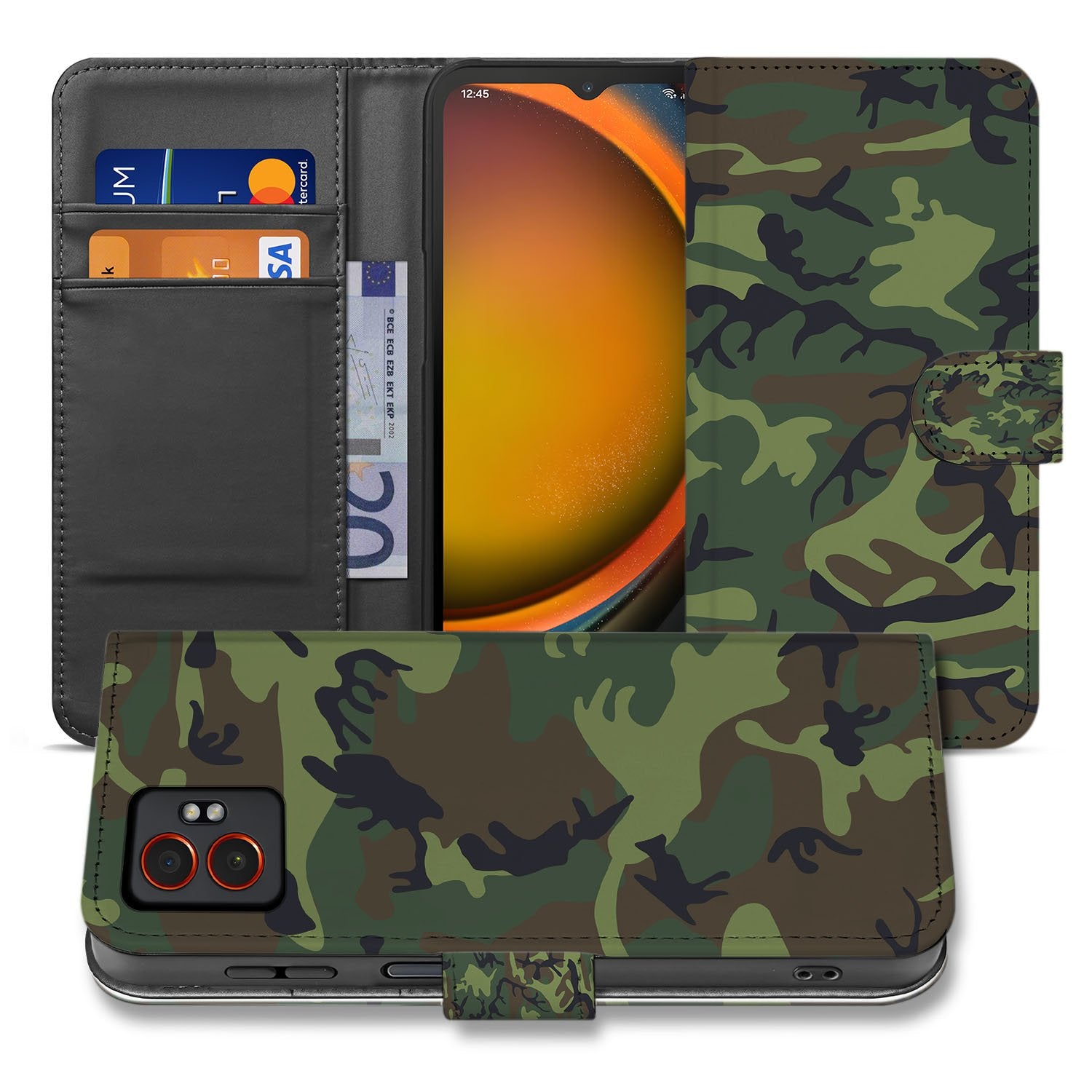 Army Dark Camouflage Samsung Galaxy Xcover 7 Pro Bookcase Hoesje voorzijde en achterzijde