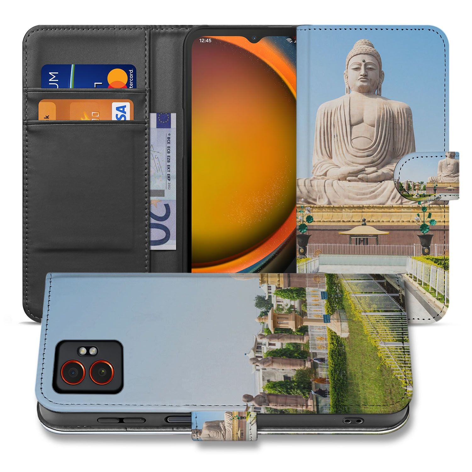 Samsung Galaxy Xcover 7 Pro Bookcase Hoesje Boeddha Goud Blauw Luxe aanzicht