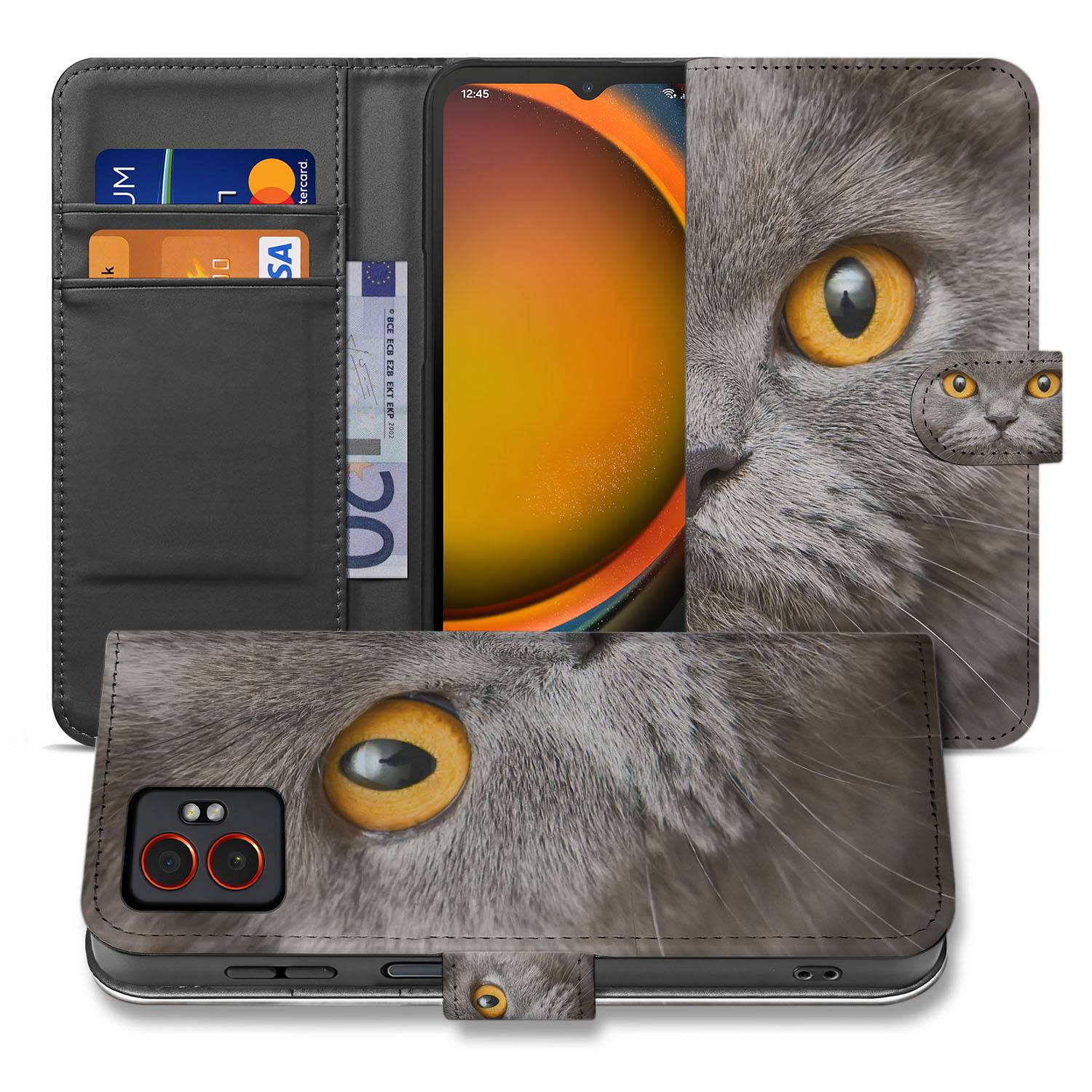 Britse Korthaar Samsung Galaxy Xcover 7 Pro Book Case hoesje grijze kat met grote ogen voorkant
