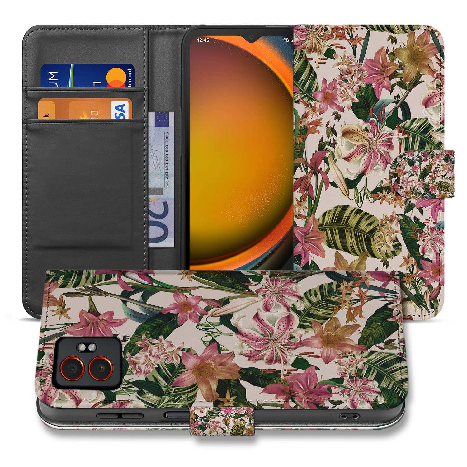Portemonnee Hoesje Samsung Galaxy Xcover 7 Pro Paars Wit Bloemen voorkant en binnenkant met bloemenprint