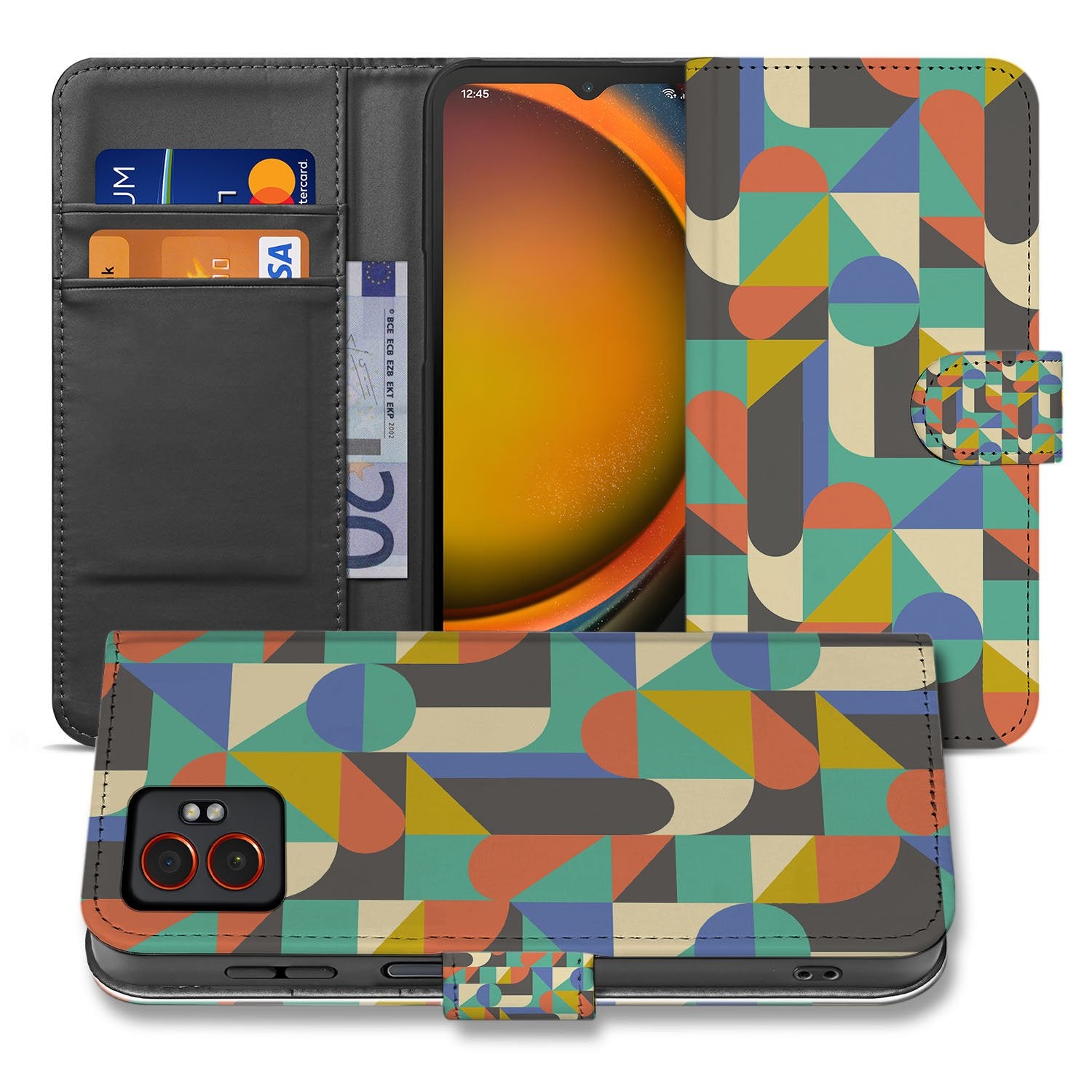 Funky Retro Samsung Galaxy Xcover 7 Pro Bookcase Hoesje geometrisch design voorkant