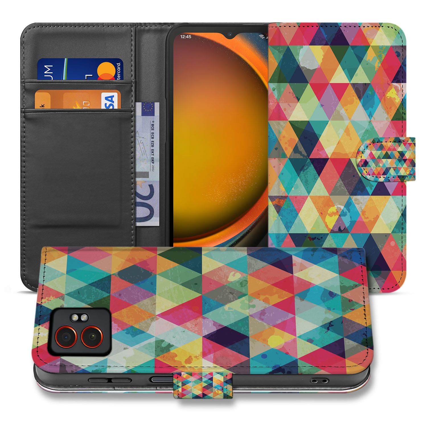 Geruit Met 3 Pasjes Samsung Galaxy Xcover 7 Pro Book Case design kleurrijk patroon aanzicht