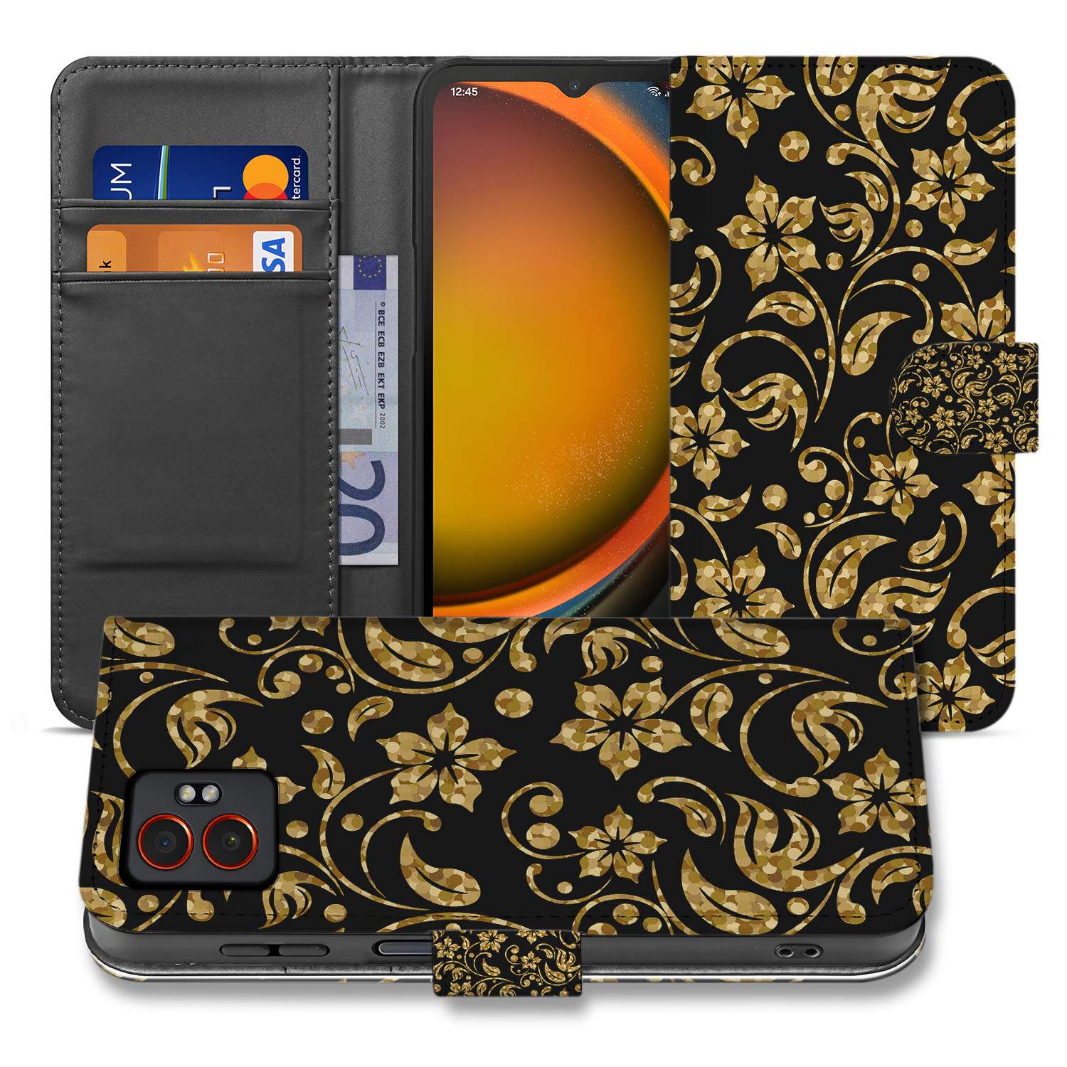 Gouden Bloemen Design Samsung Galaxy Xcover 7 Pro Book Case Portemonnee Hoesje voorkant achterkant