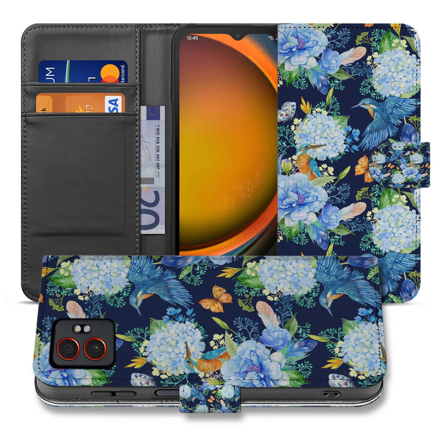 Book Case Samsung Galaxy Xcover 7 Pro Ijsvogel en Bloemen voorkant zijaanzicht