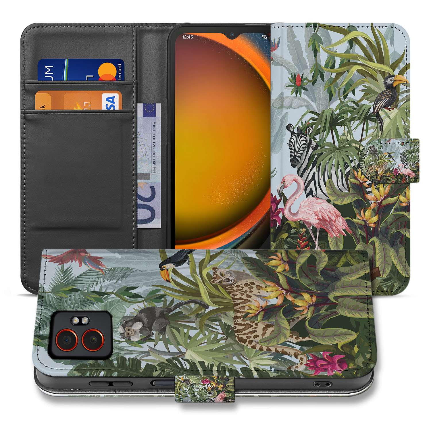 Samsung Galaxy Xcover 7 Pro Stijlvol Jungle Design Book Case met Pasjes Hoesje voor Samsung Galaxy Xcover 7 Pro in PU-Leer voorkant achteraanzicht