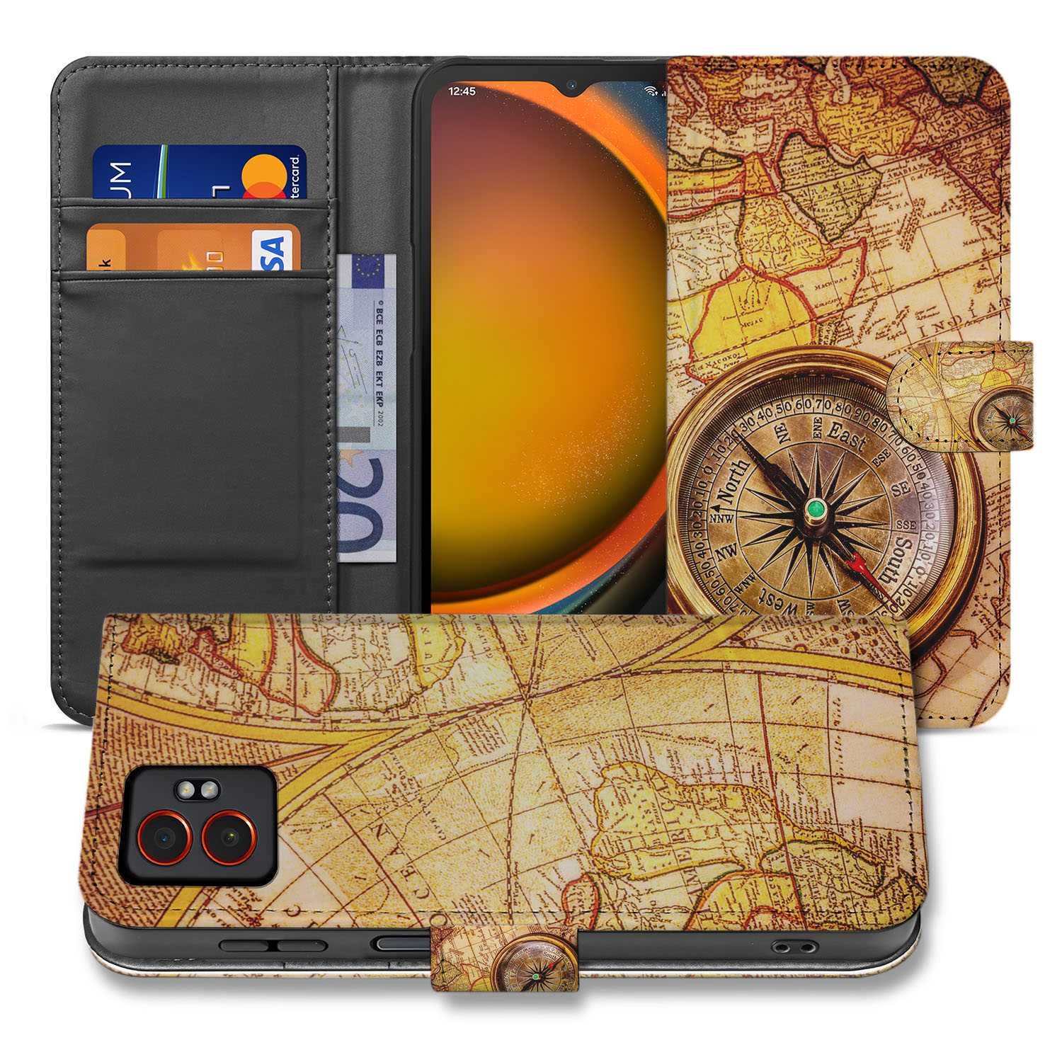 Kompas Geel Oranje Samsung Galaxy Xcover 7 Pro Bookcase Hoesje met Magnetische Sluiting en Avontuurlijk Design aanzicht