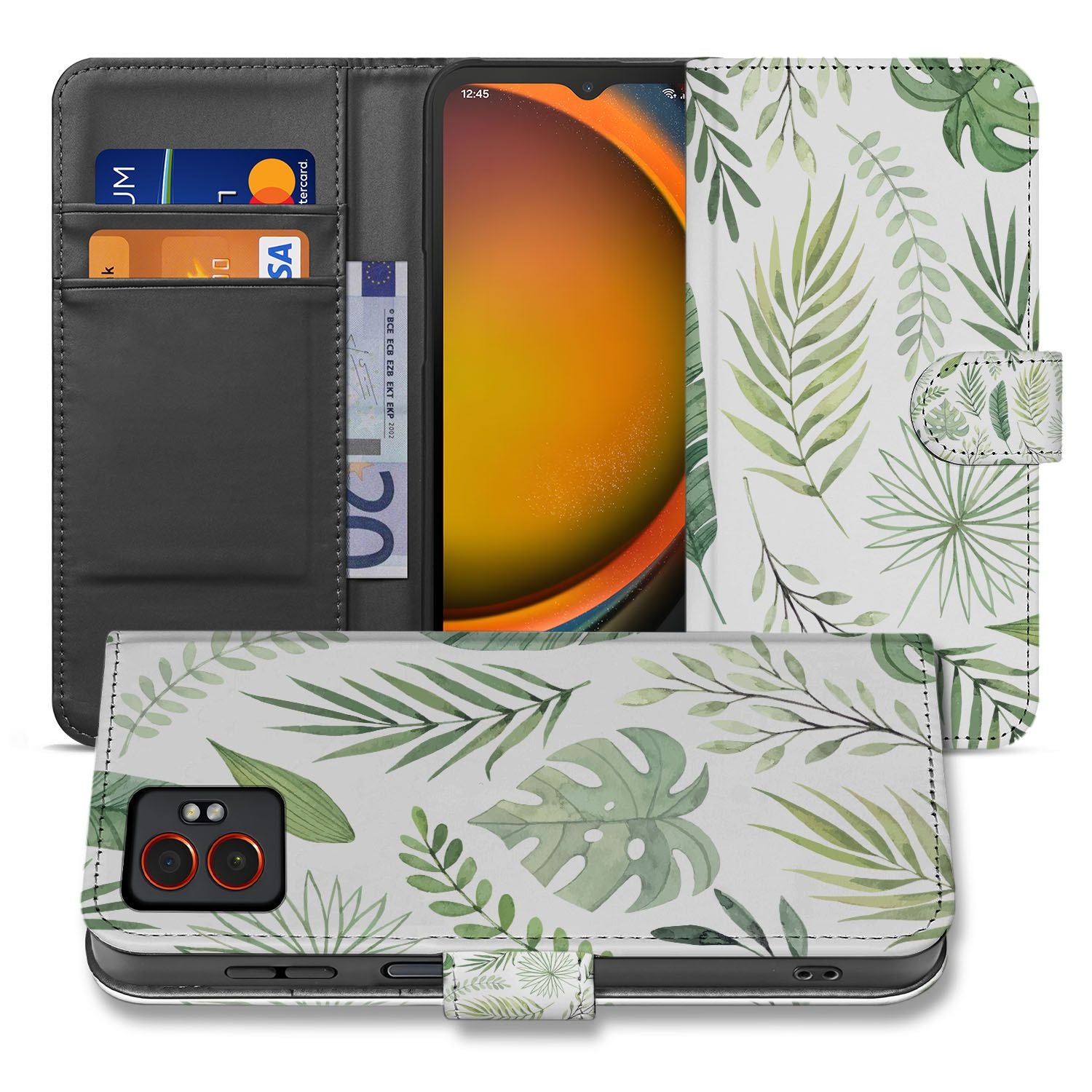 Bladeren Lichtgroen Samsung Galaxy Xcover 7 Pro Bookcase Hoesje design witte bladeren vooraanzicht