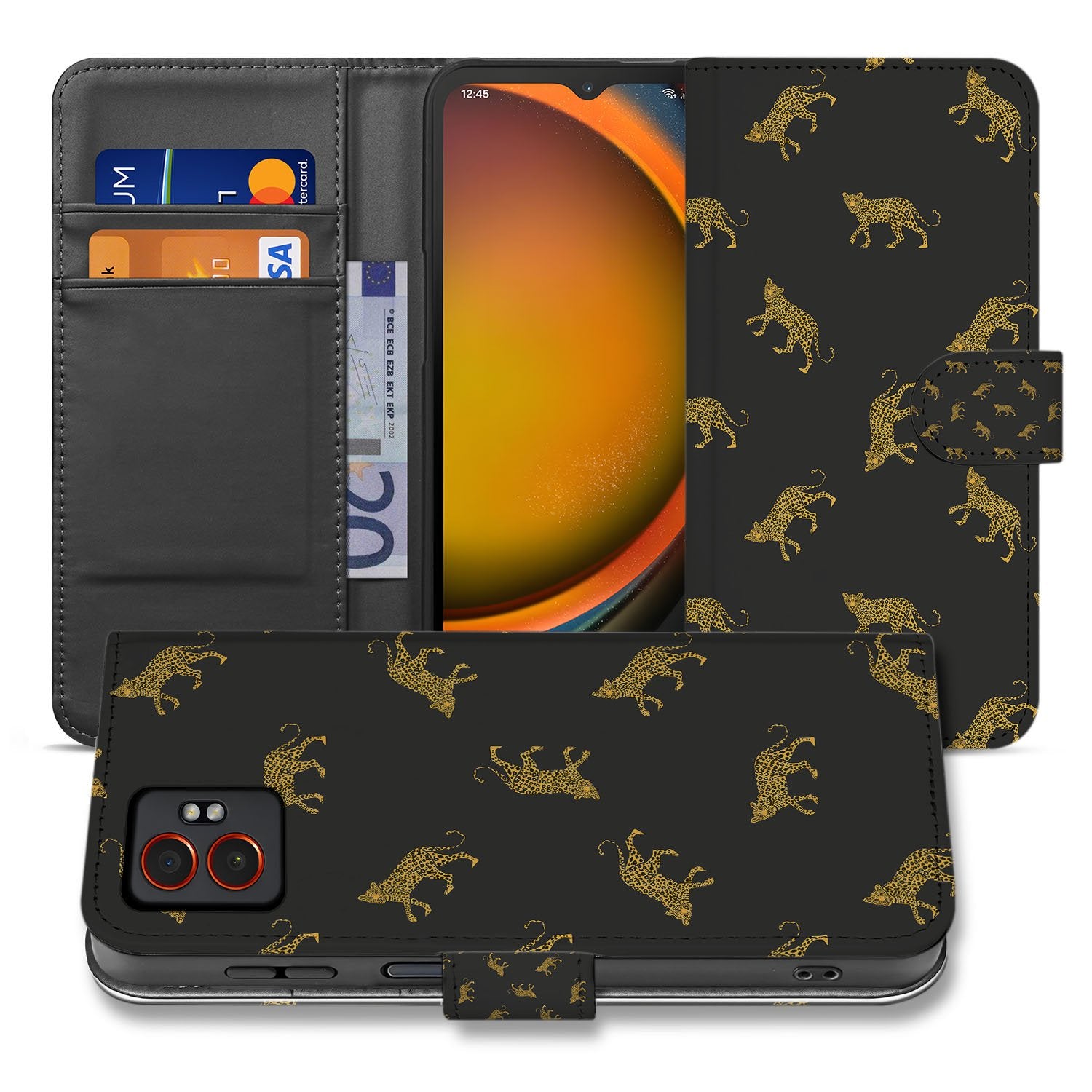 Leopard Luxe Samsung Galaxy Xcover 7 Pro Bookcase Hoesje luipaardprint zwart goud aanzicht
