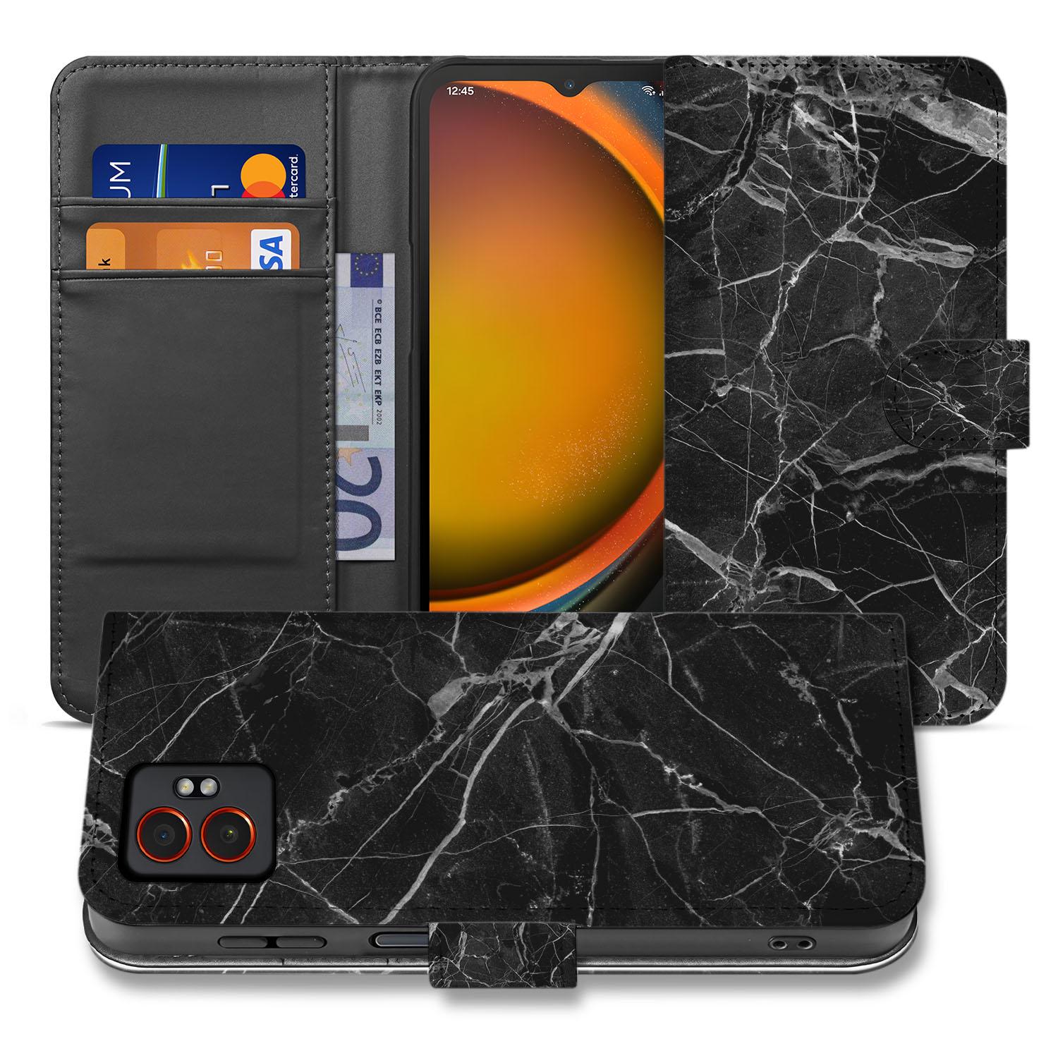 Samsung Galaxy Xcover 7 Pro Book Case & Portemonnee Hoesje Zwart Marmer Met Pasjesvak Luxe zwart marmer voorkant