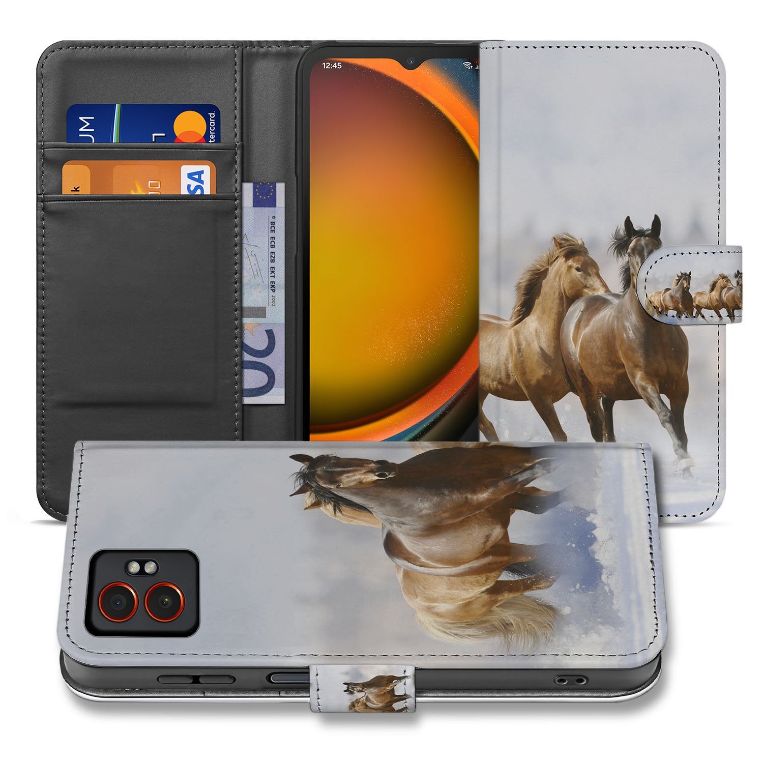 Samsung Galaxy Xcover 7 Pro Bookcase Hoesje Met Paarden Motief Pasjes En Magneetsluiting paardenmotief voorkant