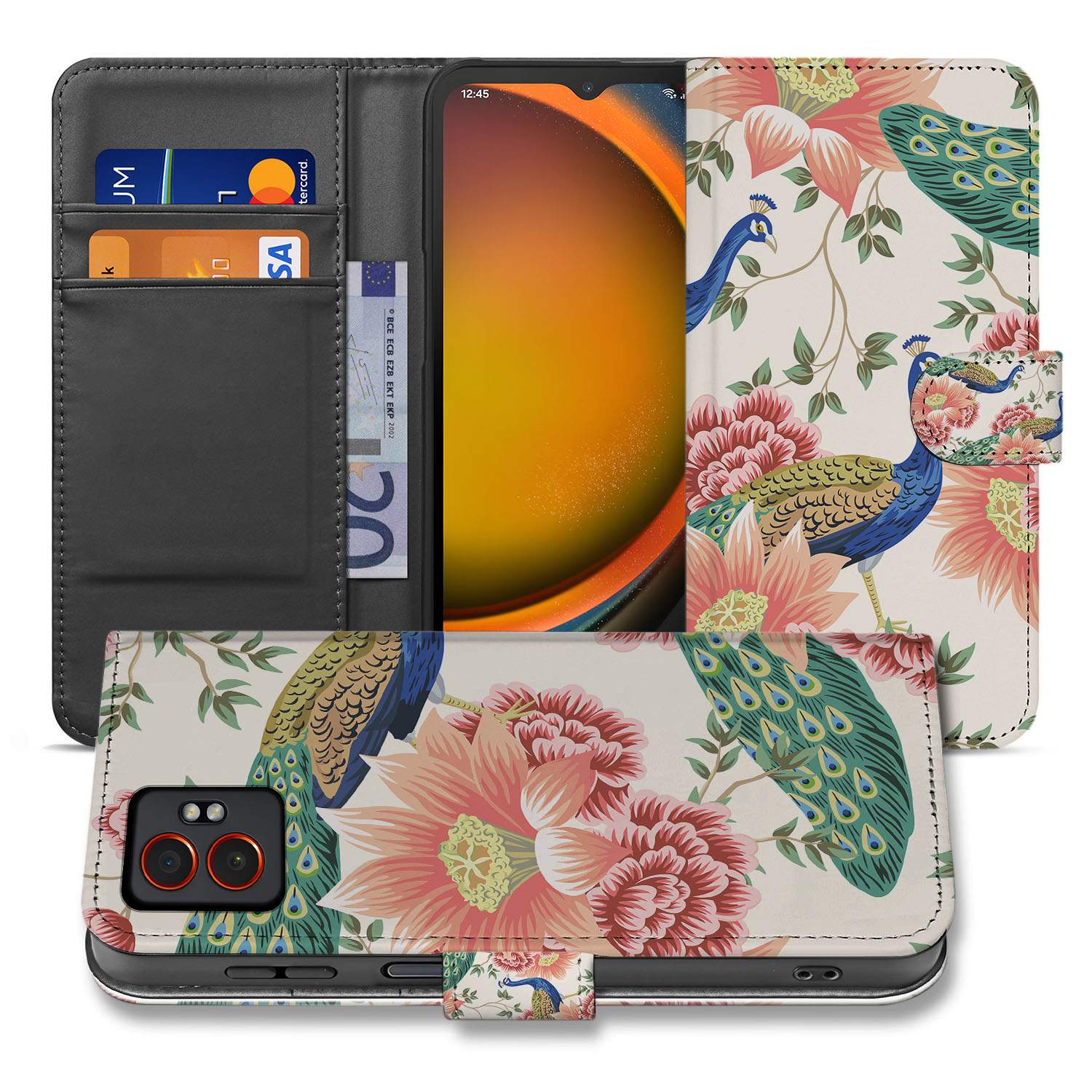 Samsung Galaxy Xcover 7 Pro Robuuste Bookcase Hoesje met Pink Peacock Design voorkant zijaanzicht