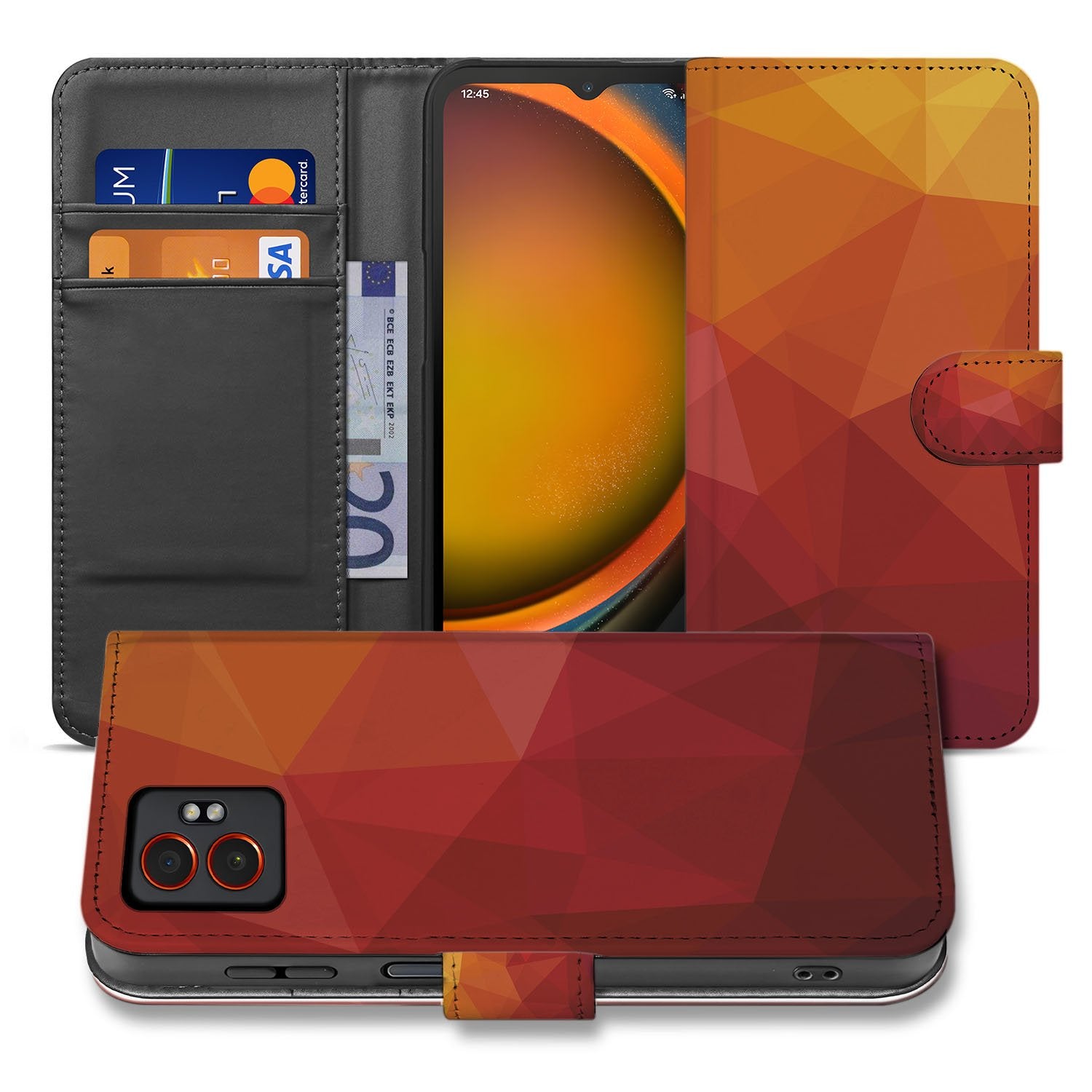 Samsung Galaxy Xcover 7 Pro Polygon Rood Design Bookcase hoesje voorkant en achterkant