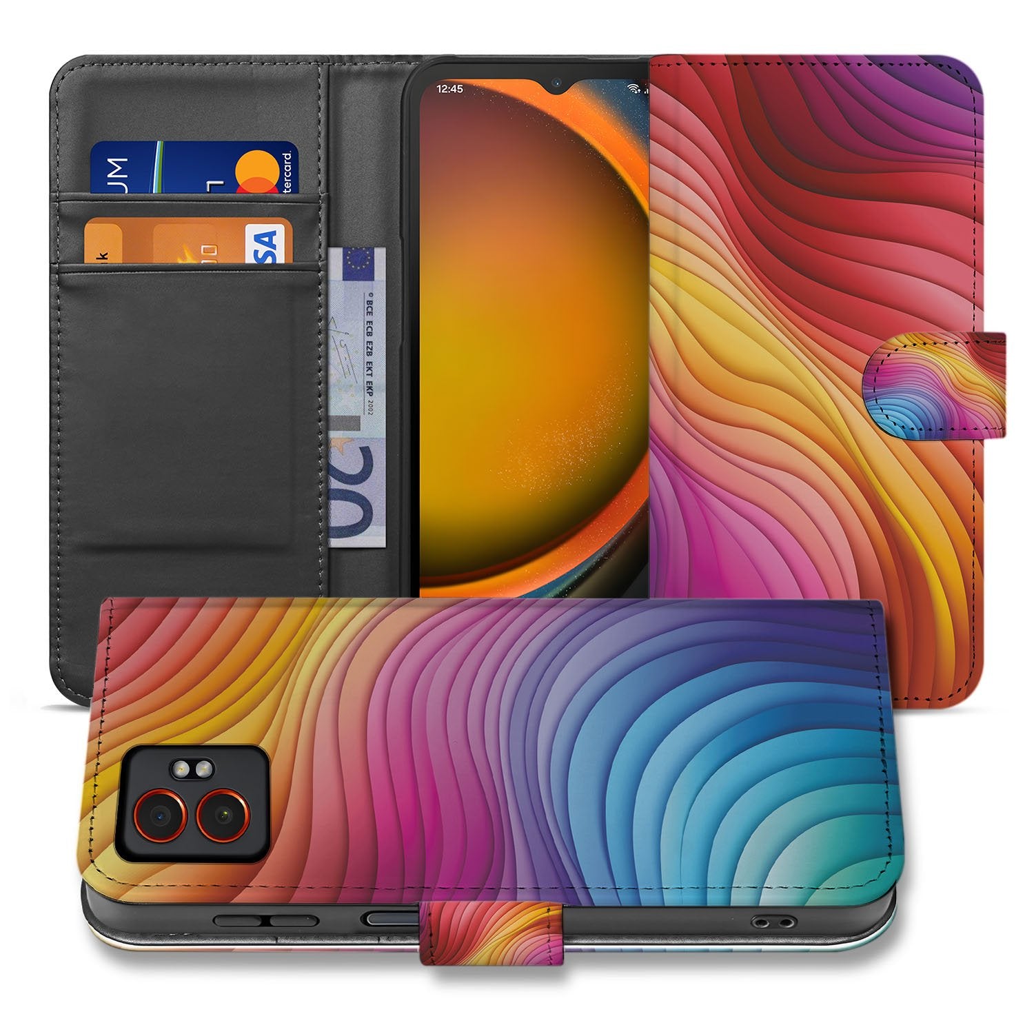 Samsung Galaxy Xcover 7 Pro Beschermende Kleurrijke Regenboog Golven Bookcase Hoesje voorkant zijkant