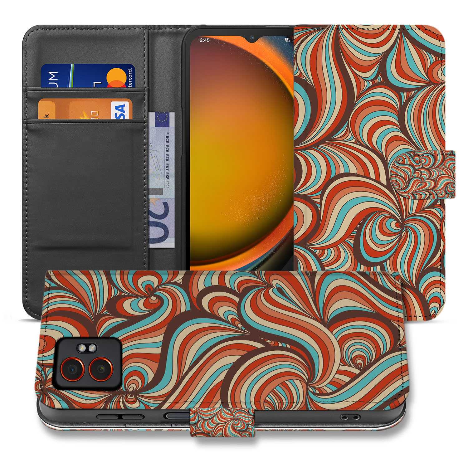Retro Design Samsung Galaxy Xcover 7 Pro Book Case Portemonnee Hoesje met Pasjes kleurig patroon