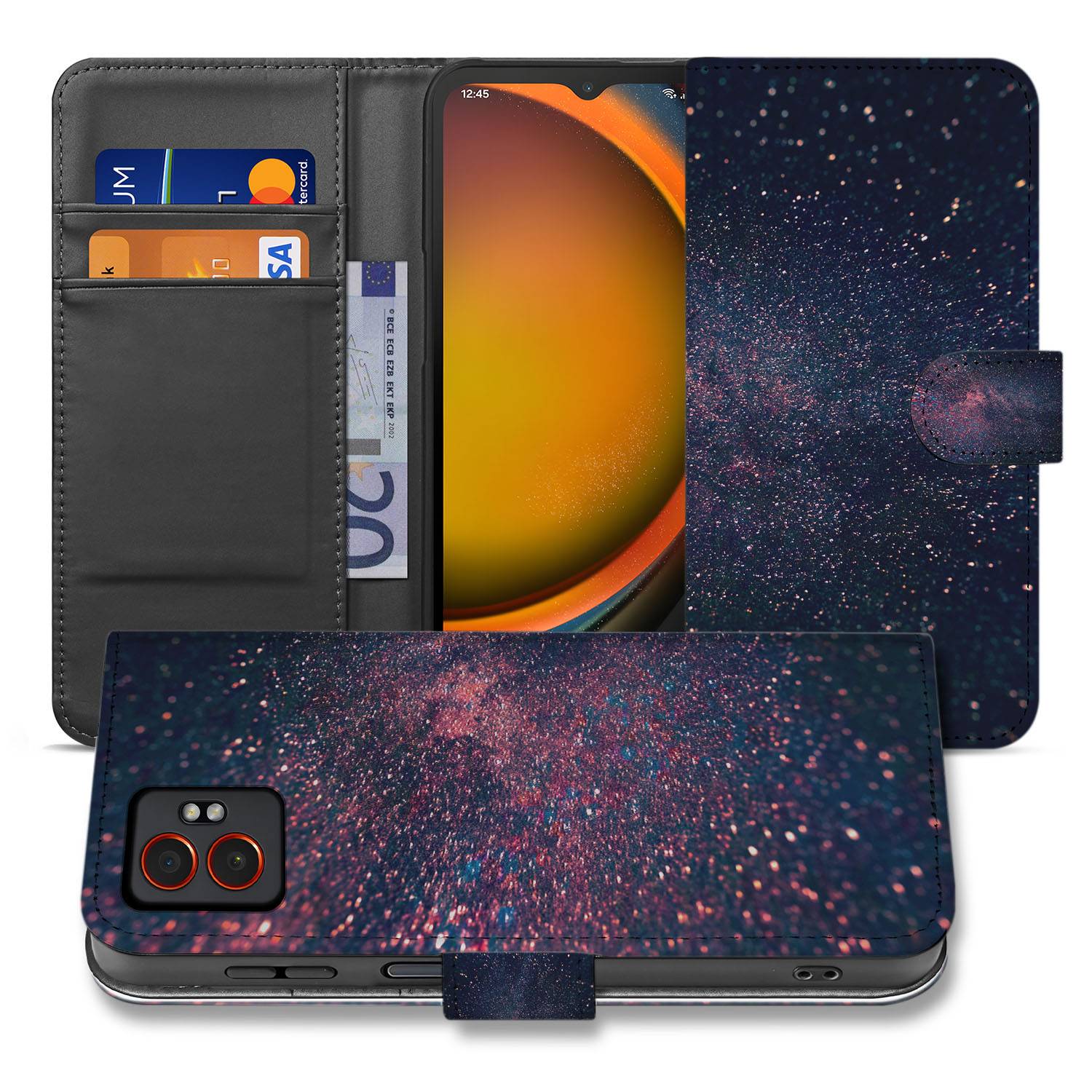 Samsung Galaxy Xcover 7 Pro Sterrenregen In Paars Blauw Glitter Bookcase Hoesje voorkant binnenkant