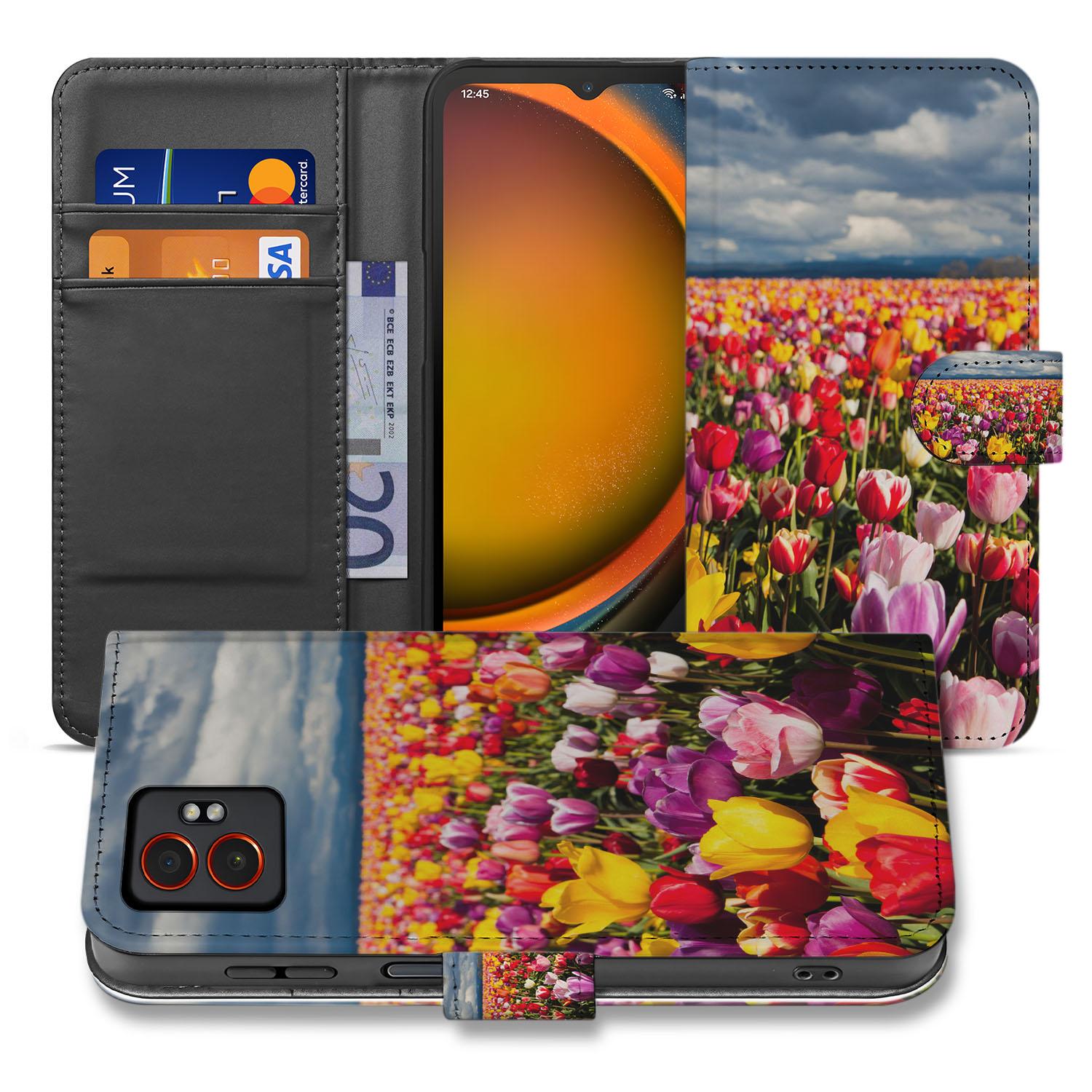 Samsung Galaxy Xcover 7 Pro Bookcase Hoesje met Tulpen Motief Kleurig Patroon Design voorkant kleurige bloemen