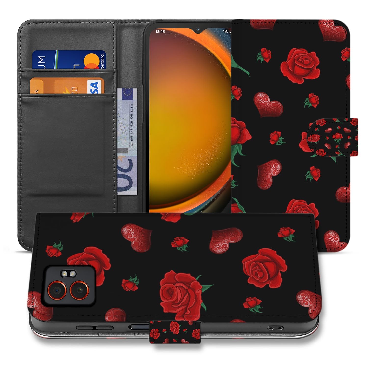 Samsung Galaxy Xcover 7 Pro Bookcase Hoesje Valentine zwart rozen hartmotieven vooraan