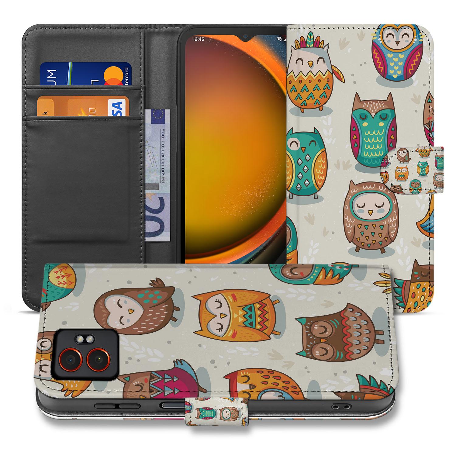Vrolijke Uilen Samsung Galaxy Xcover 7 Pro Book Case Portemonnee Hoesje voorzijde achterzijde detail