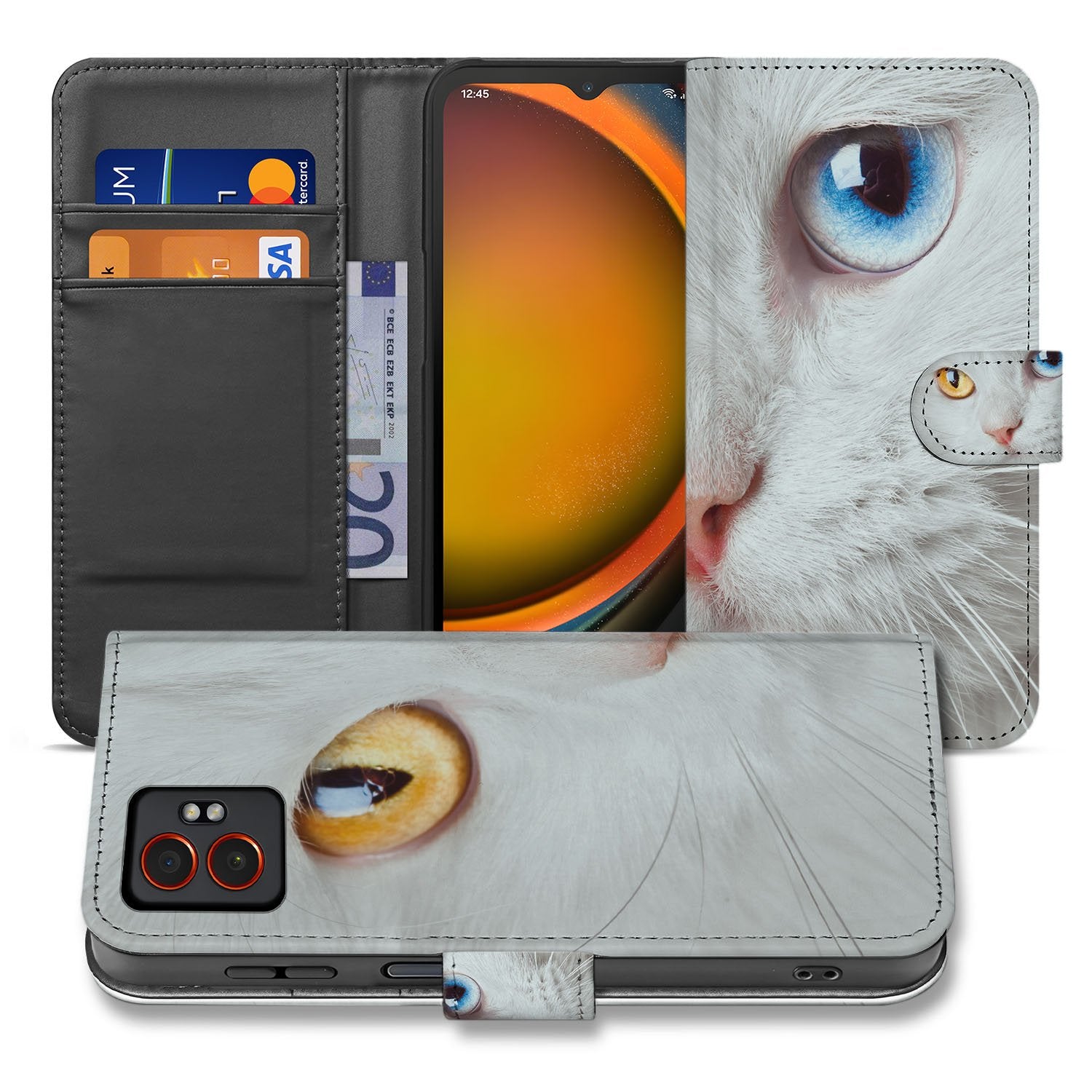 Samsung Galaxy Xcover 7 Pro Bookcase Hoesje Met Witte Kat Dierenprint Voor Optimale Bescherming design kat vooraanzicht