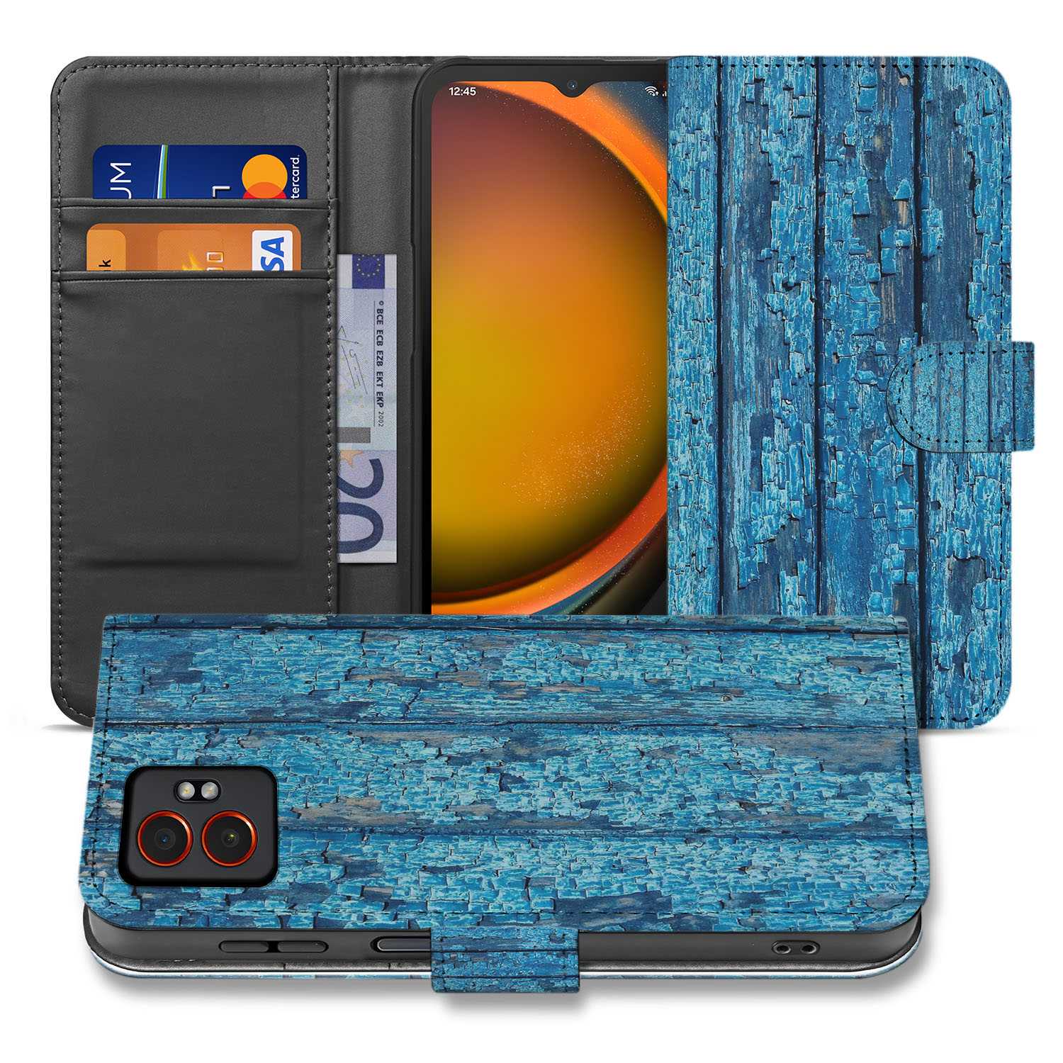 Samsung Galaxy Xcover 7 Pro Book Case & Portemonnee Hoesje Afgebladderd Blauw Hout voorkant binnenkant