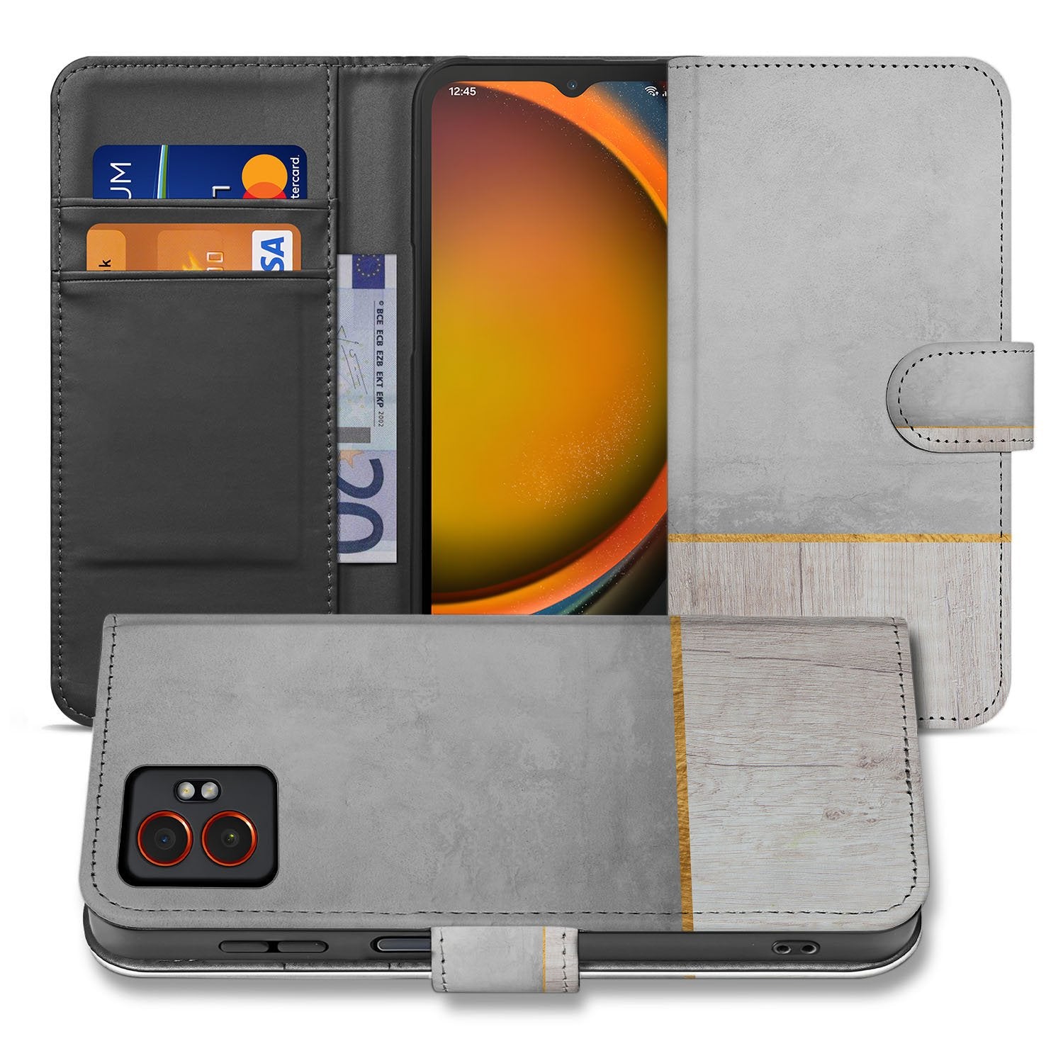 Samsung Galaxy Xcover 7 Pro Bookcase Hoesje Wood Concrete vooraanzicht