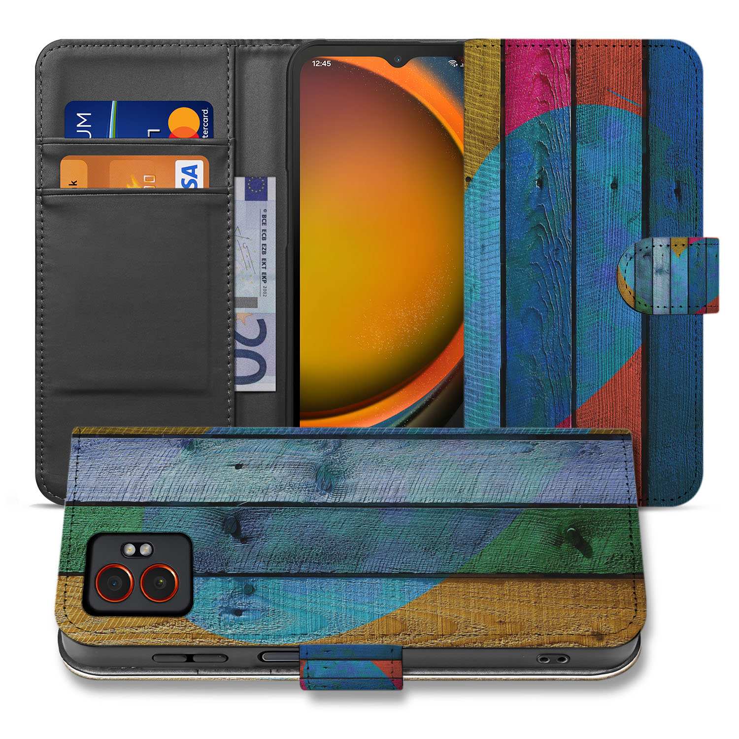 Samsung Galaxy Xcover 7 Pro Bookcase Hoesje Met Wood Heart Design voorkant zijkant