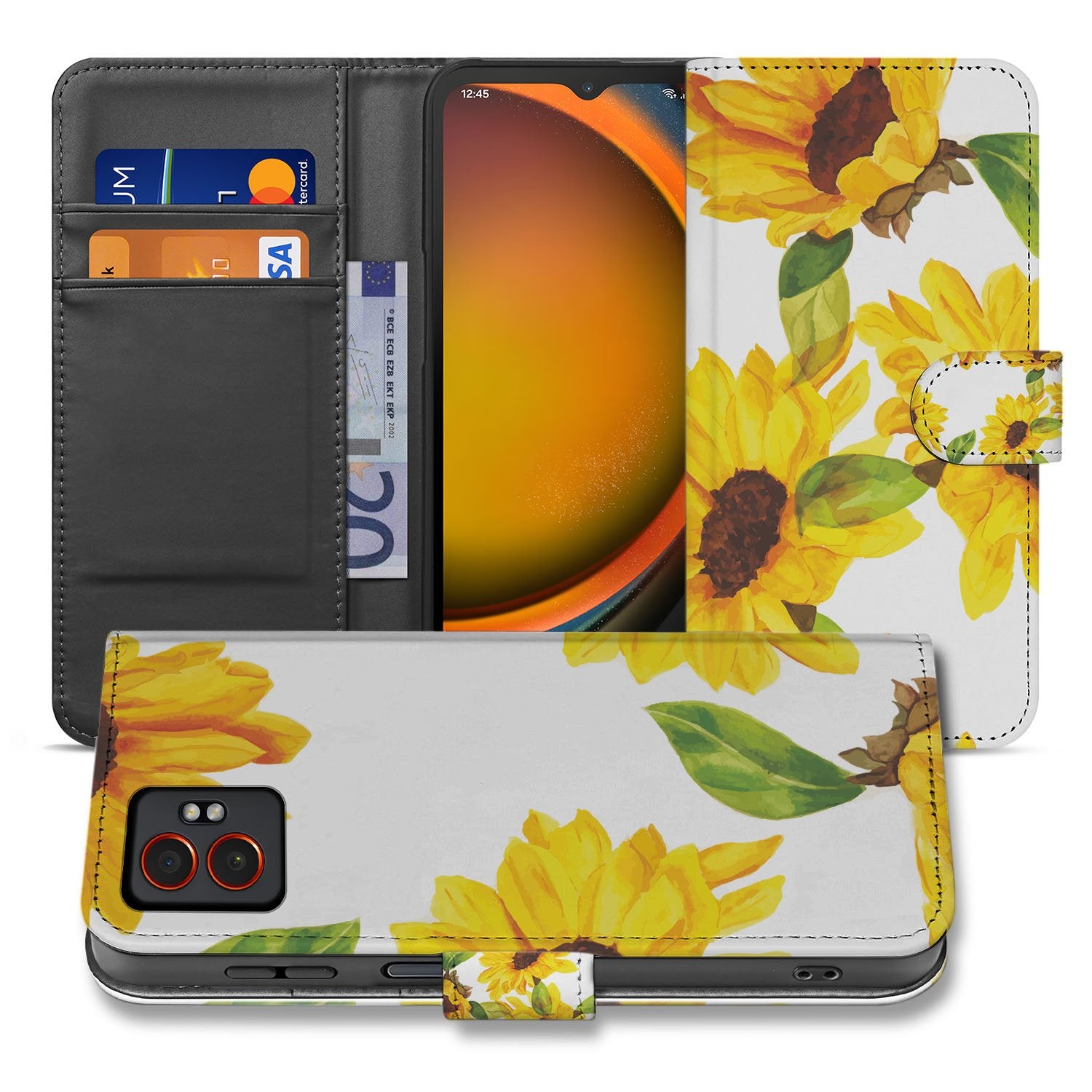 Zonnebloemen Design Samsung Galaxy Xcover 7 Pro Bookcase Hoesje Met Wallet En PU Leer Voor 3 Pasjes voorkant zijkant