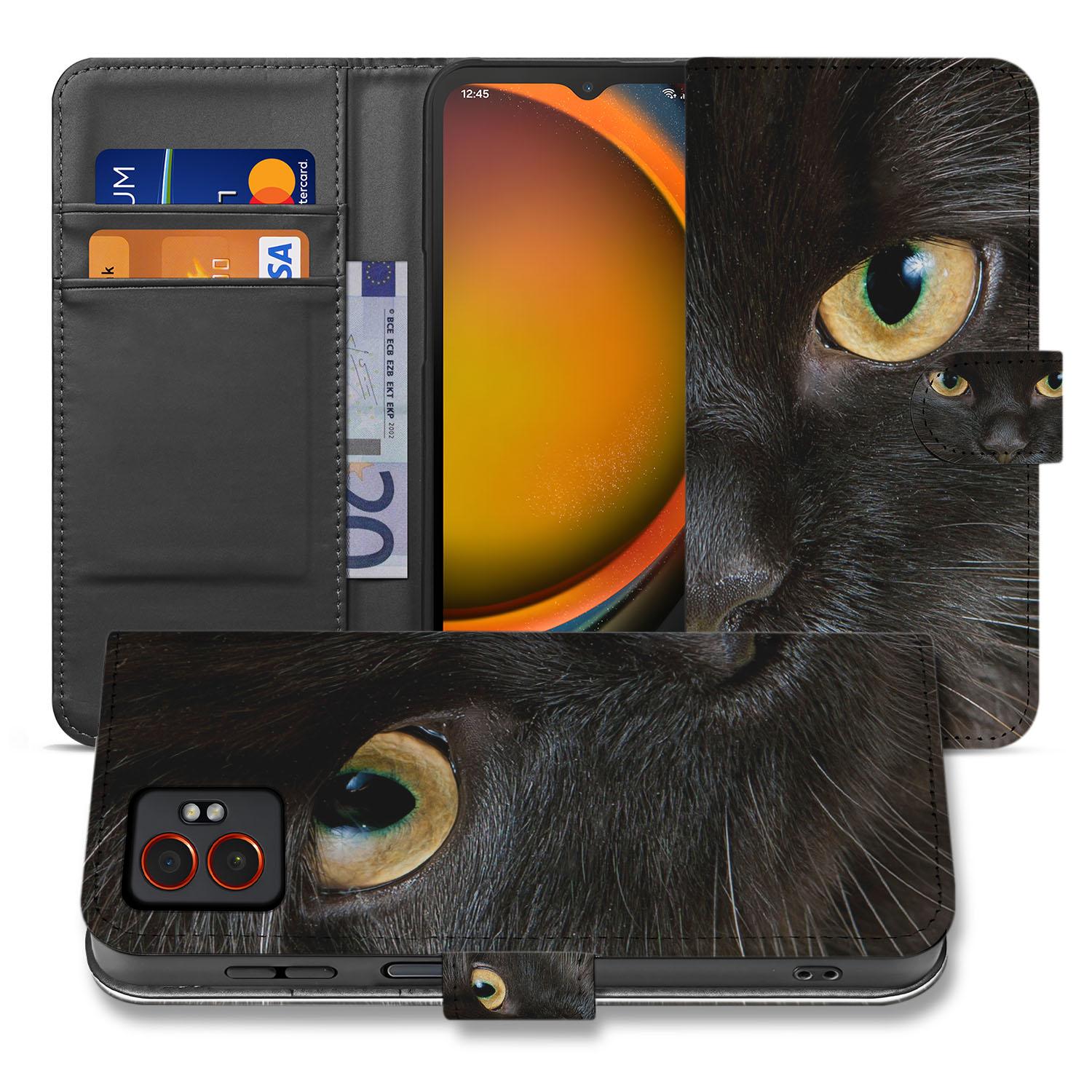 Samsung Galaxy Xcover 7 Pro Stijlvol Zwarte Kat Bookcase Hoesje Voor Samsung Galaxy Xcover 7 Pro Met Pasjes En Bescherming design kat aanzicht