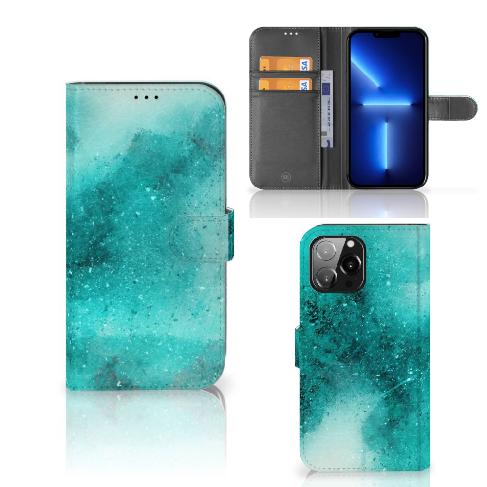Hoesje iPhone 13 Pro Max Painting Blue met een prachtig blauw palet en ruimte voor drie pasjes.