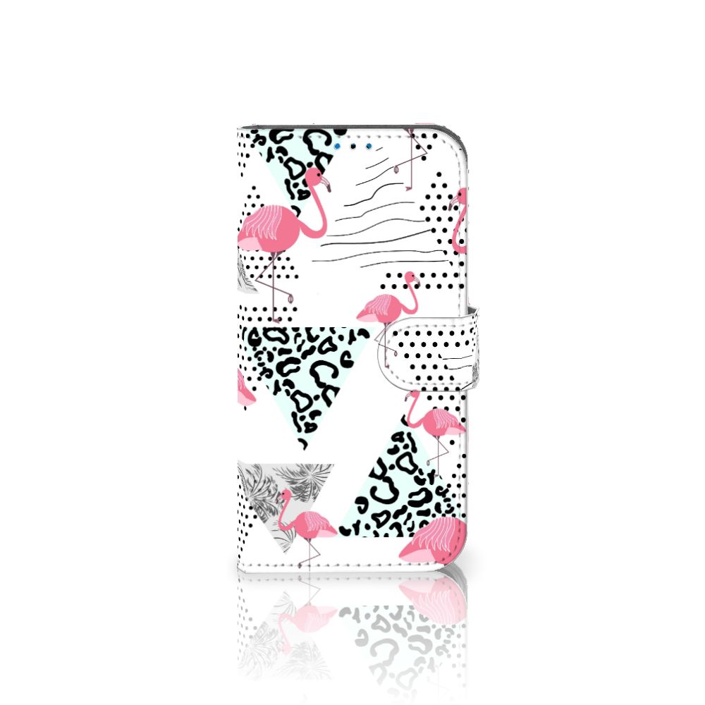 iPhone 14 Pro Telefoonhoesje met Pasjes Flamingo Triangle met kleurrijke flamingo's en geometrische patronen.