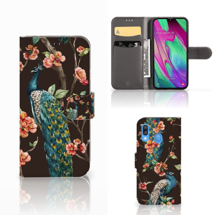 Samsung Galaxy A40 Telefoonhoesje met Pasjes Pauw met Bloemen