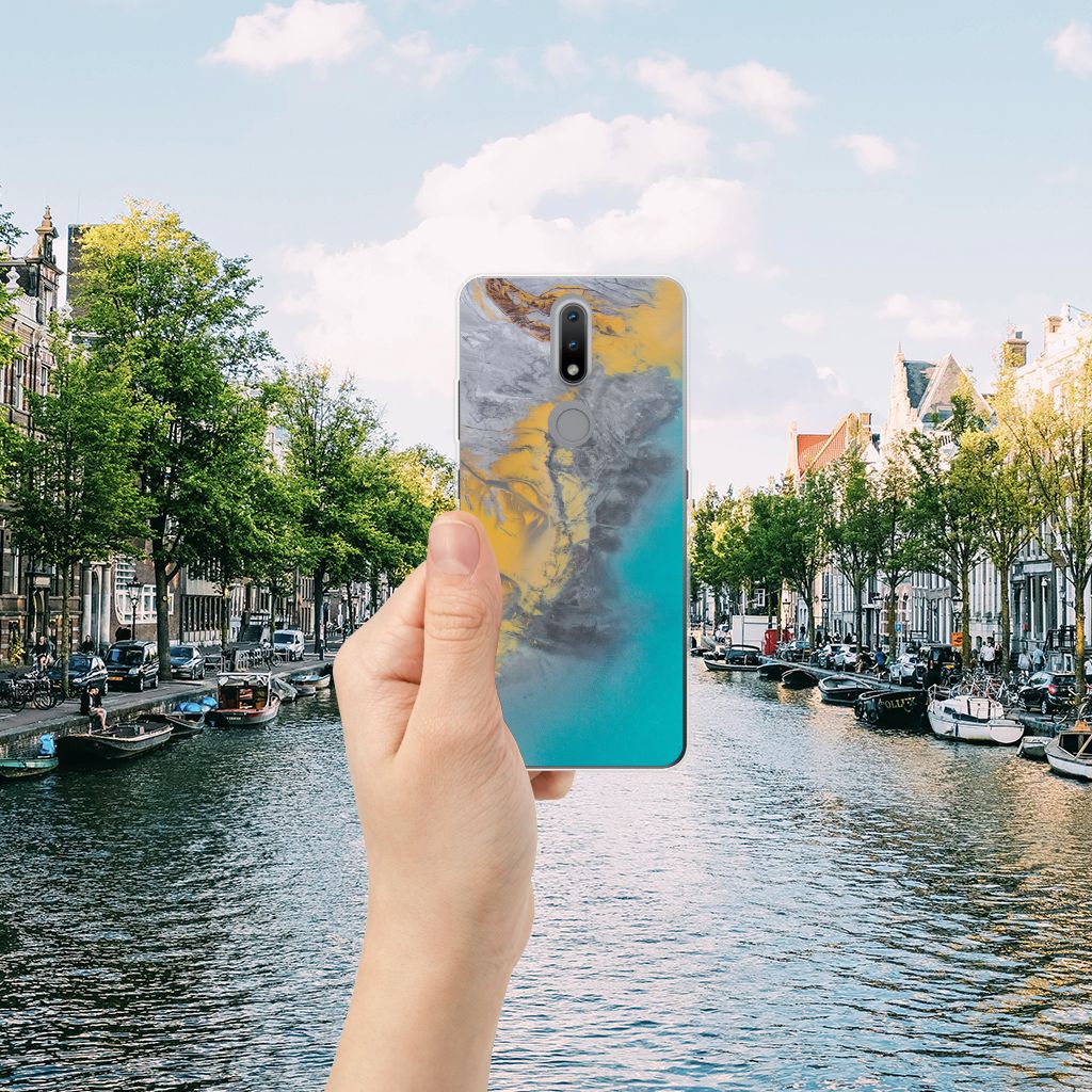 Nokia 2.4 TPU Siliconen Hoesje Marble Blue Gold