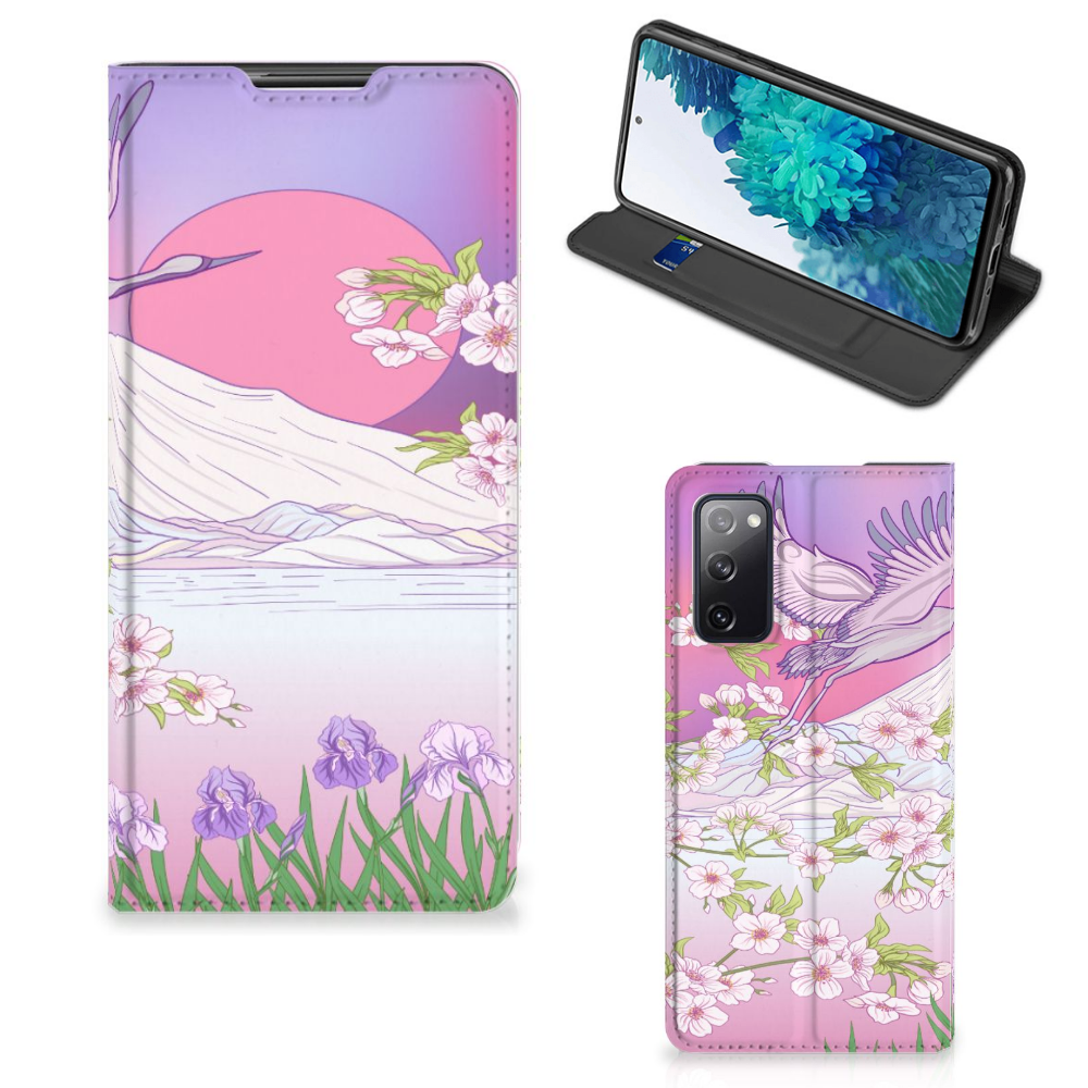 Samsung Galaxy S20 FE Hoesje maken Bird Flying design roze paarse kleuren voorkant en achterkant.