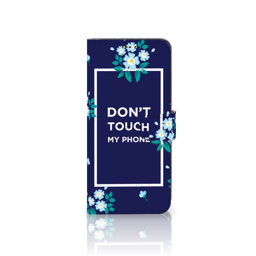 Samsung Galaxy A14 5G Portemonnee Hoesje Flowers Blue DTMP met bloemen en tekst Don't Touch My Phone