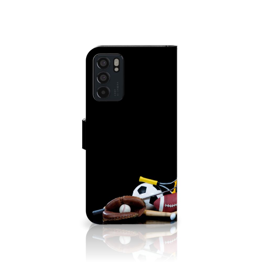OPPO Reno6 5G Wallet Case met Pasjes Sports met verschillende sportuitrustingen op een zwarte achtergrond.