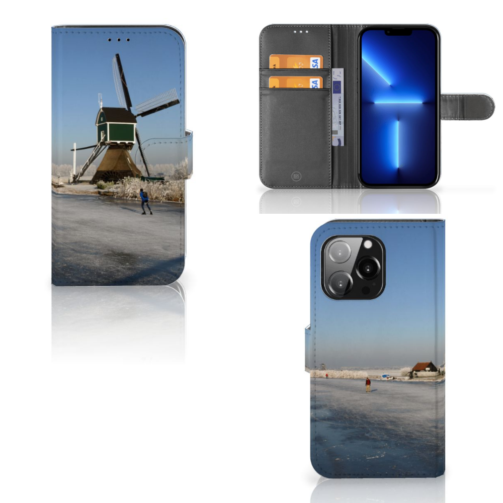 iPhone 13 Pro Flip Cover Schaatsers met molen en schaatser op ijslandschap, typisch Hollands ontwerp.