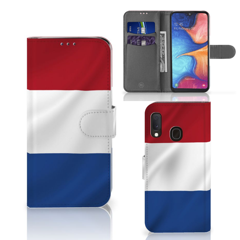 Samsung Galaxy A20e Bookstyle Case Nederlandse Vlag met pasjes en artistiek ontwerp van de Nederlandse vlag.